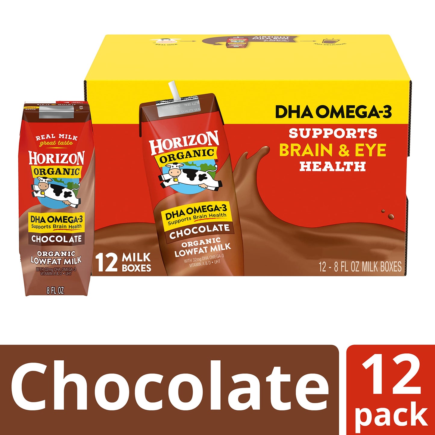 Horizon Organic Shelf-Stable 1% Lowfat Milk Boxes with DHA Omega-3, Chocolate, 8 Fl Oz, Pack of 12
