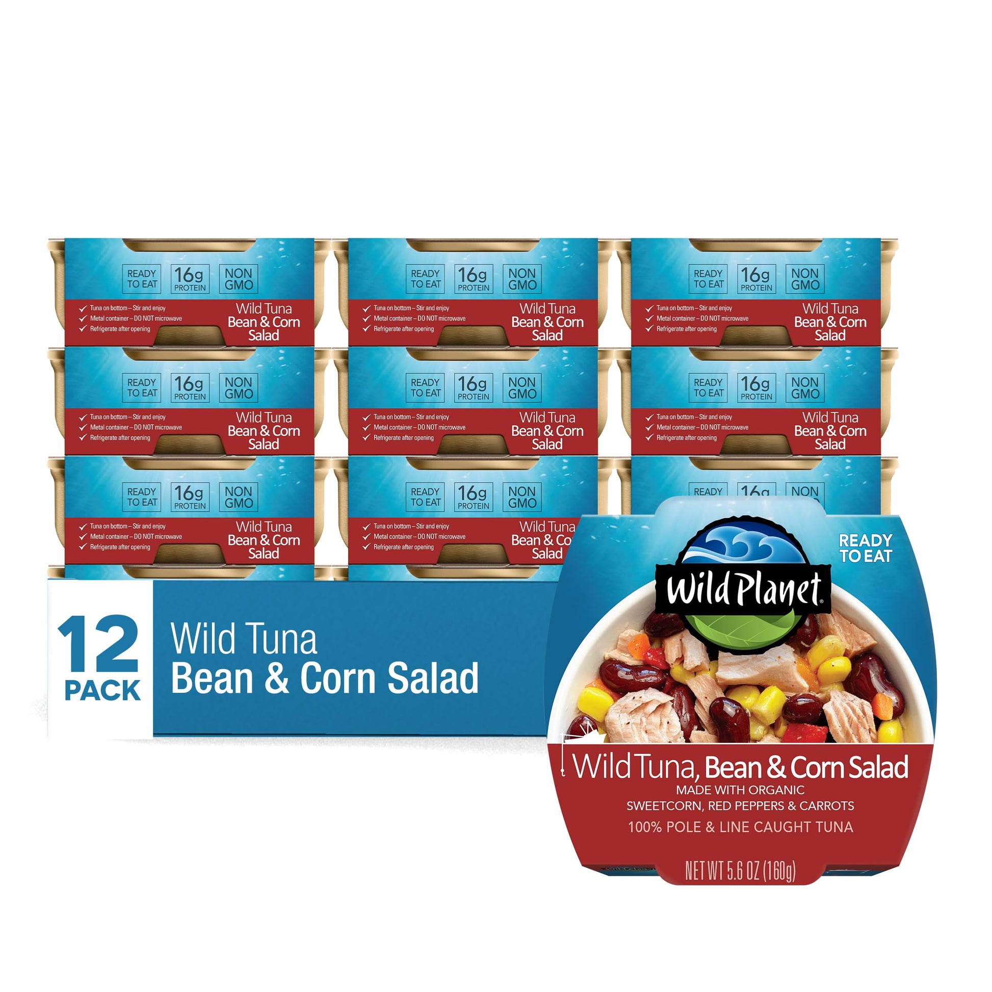 Wild Planet Ready-to-Eat Wild Tuna, Bean & Corn Salad with Organic Sweetcorn, Red Peppers and Carrots, 5.6oz (Pack of 12)