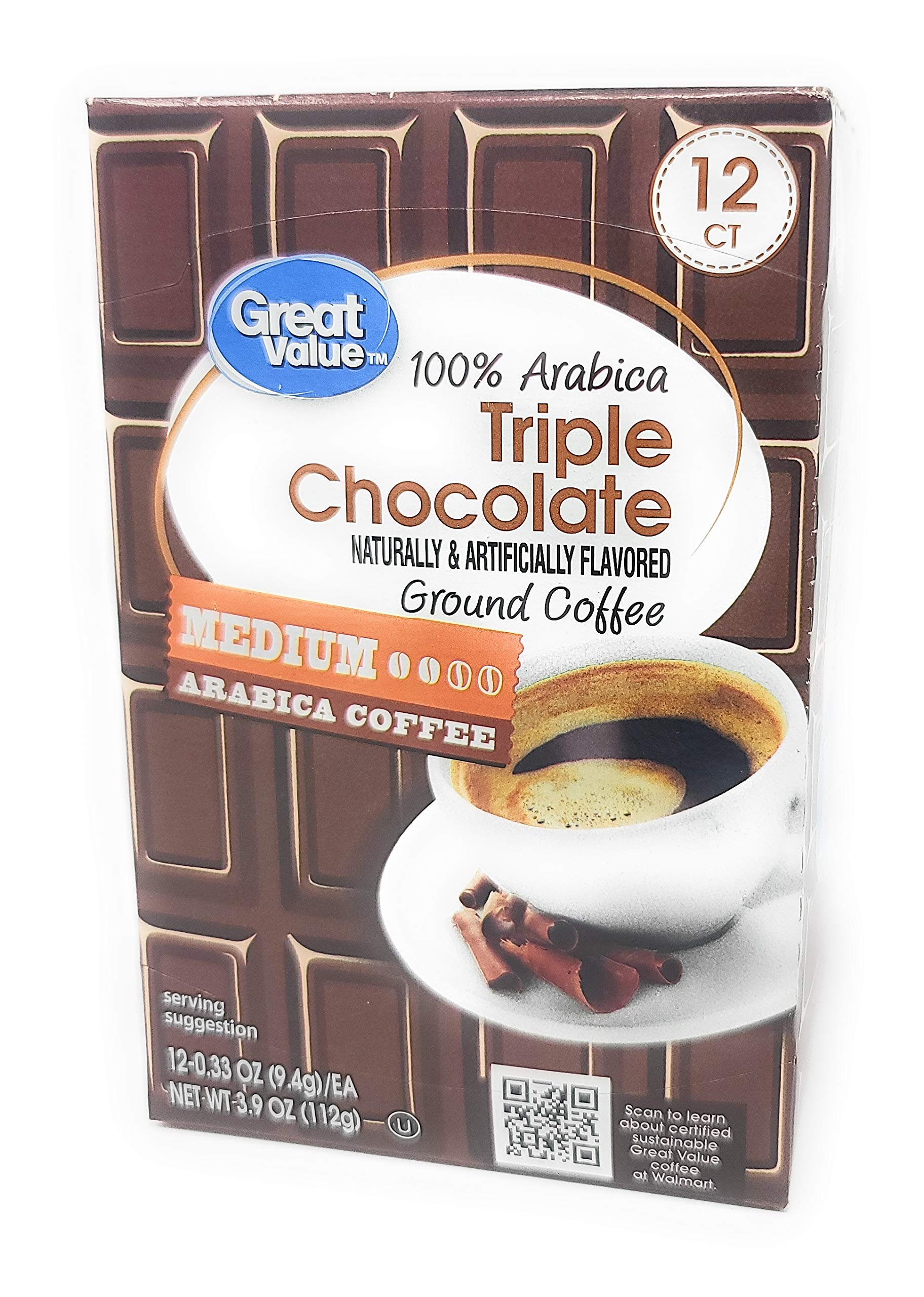 Great Value 100 Arabica Triple Chocolate Naturally & Artificially Flavored Ground Coffee 12 Counts - 3.9 Oz (112G) - Medium Arabica Coffee 0.33 Ounce (Pack Of 12)