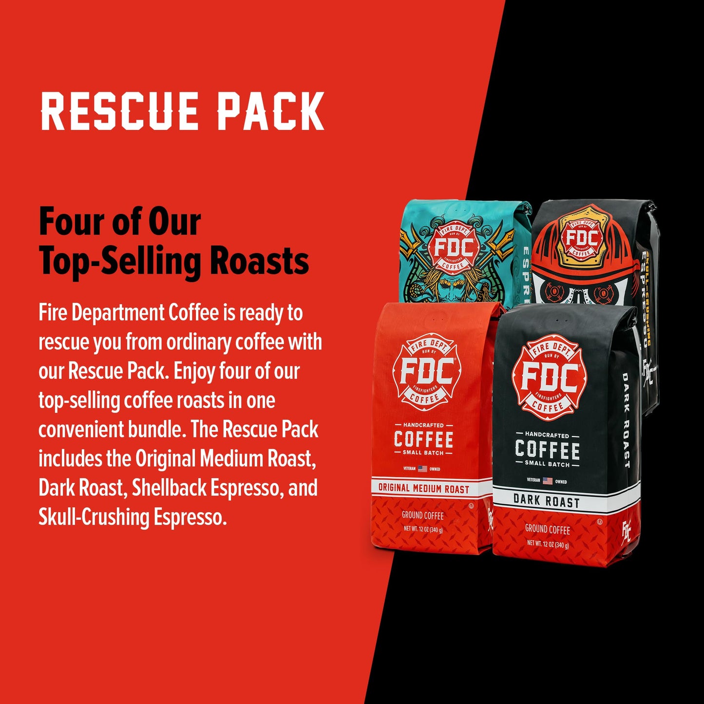 Fire Department Coffee - Gives Back To Firefighters - Rescue Variety Pack - Ground Coffee - Original Medium Roast, Dark Roast, S