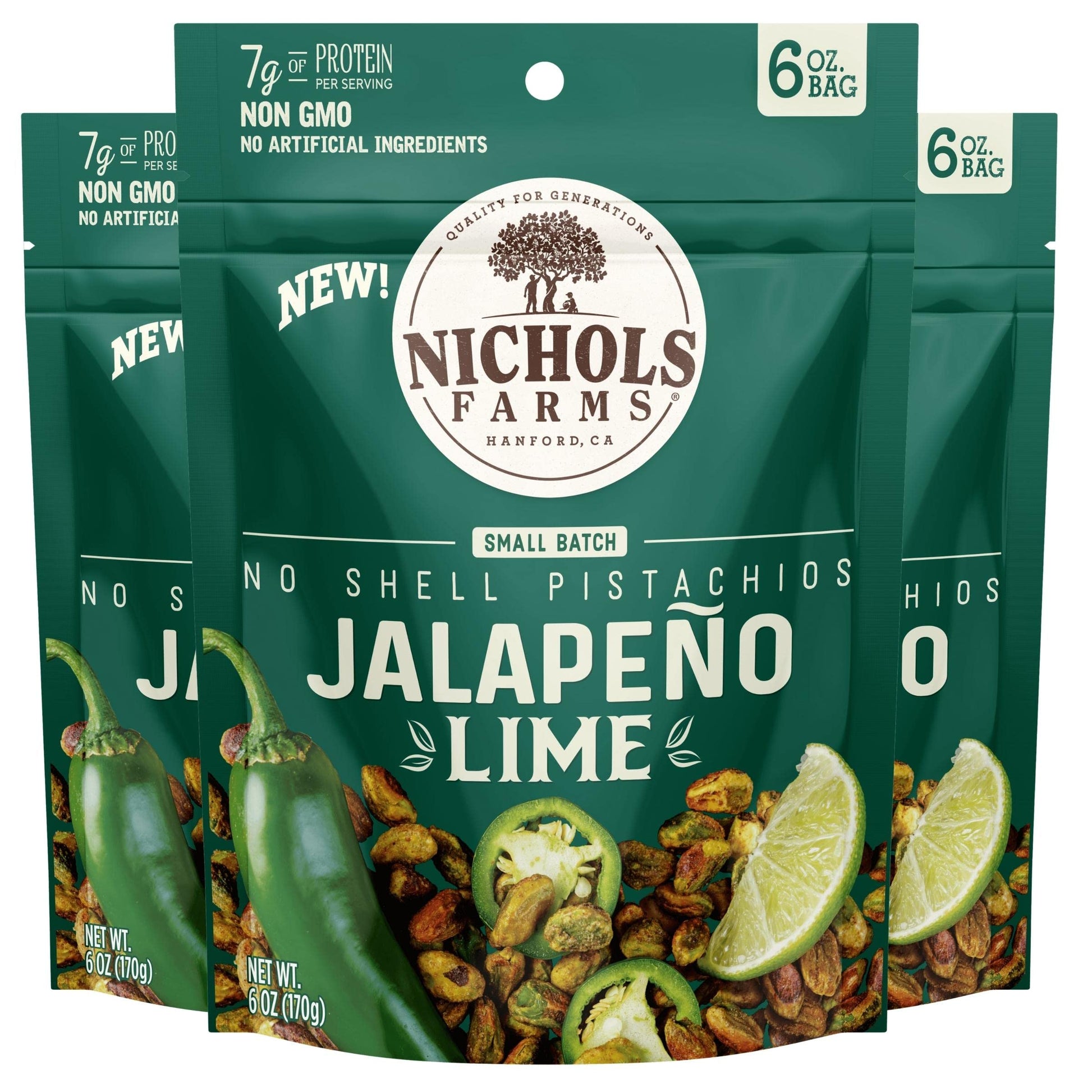 Nichols Farms Pistachios - Roasted No Shell Snack Packs - Jalapeño Lime - 6oz (Pack of 3) - Non-GMO, California Grown