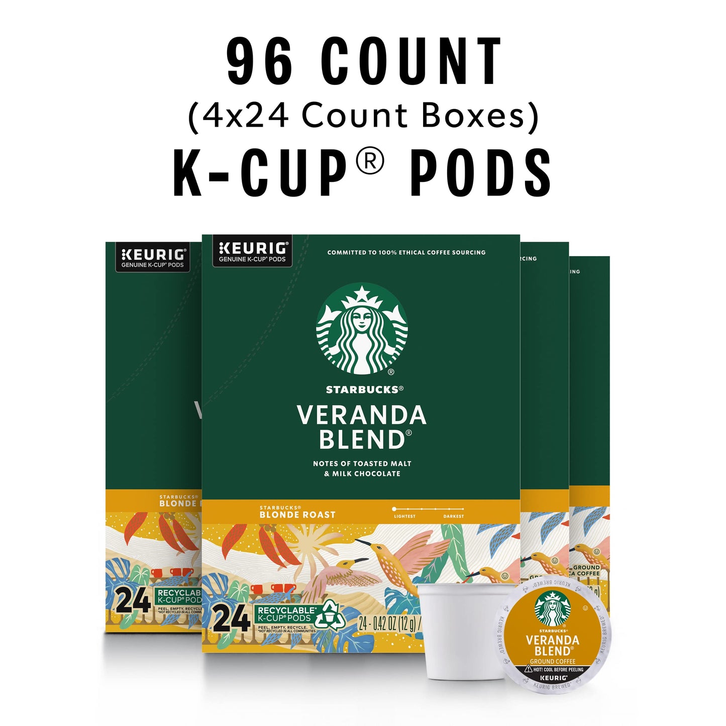 Starbucks K-Cup Coffee Pods, Blonde Roast Veranda Blend, 24 Count (Pack of 4), 100% Arabica, Model SBK011067986CT