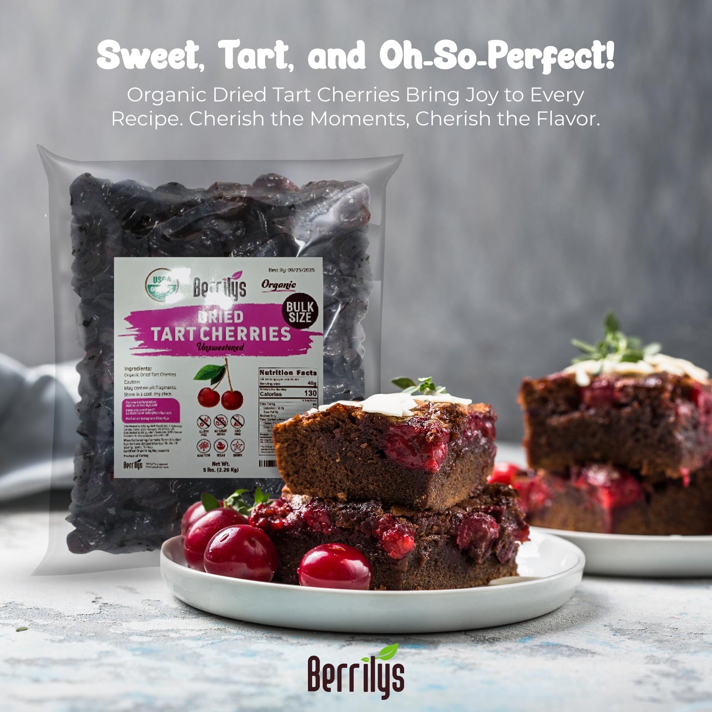 Berrilys Natural Dried Tart Cherries, 5 lb, No Sweet Added, Non-GMO, Plant-based, Ideal and Great for Baking, Snacking, Salads &
