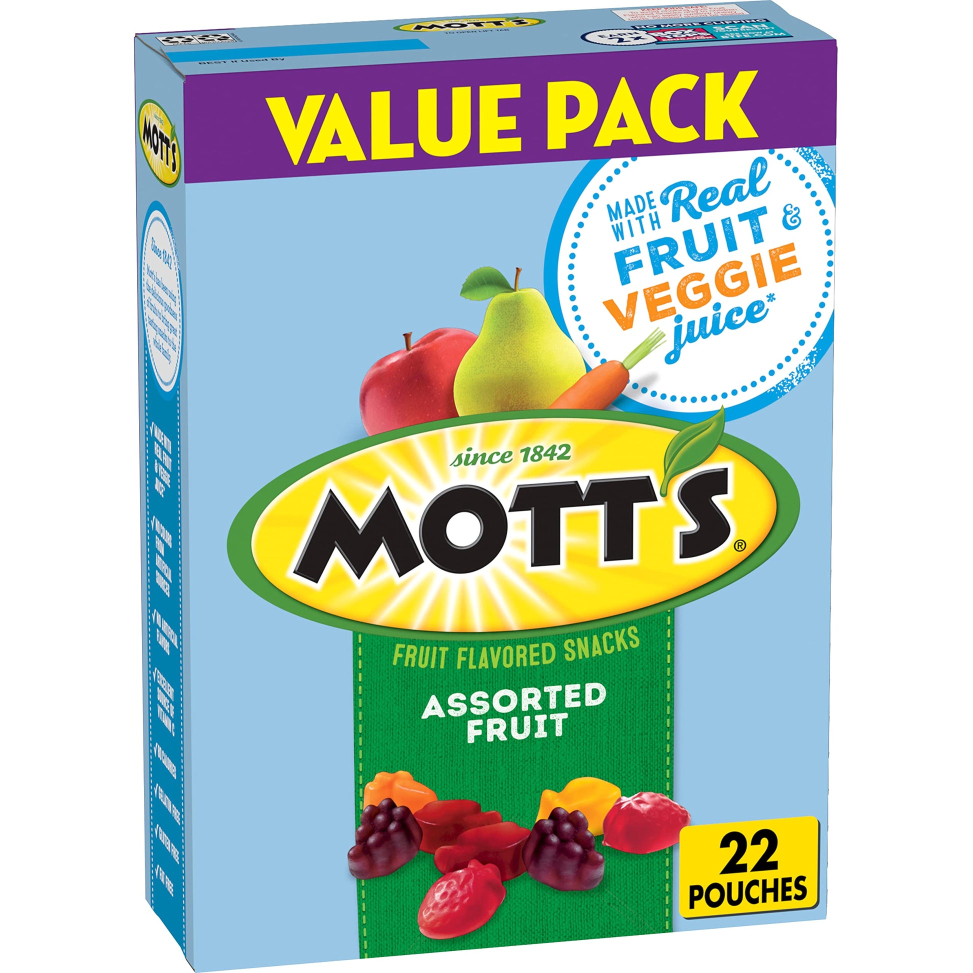 Mott'S Fruit Flavored Snacks, Assorted Fruit, Pouches, 0.8 Oz, 22 Ct