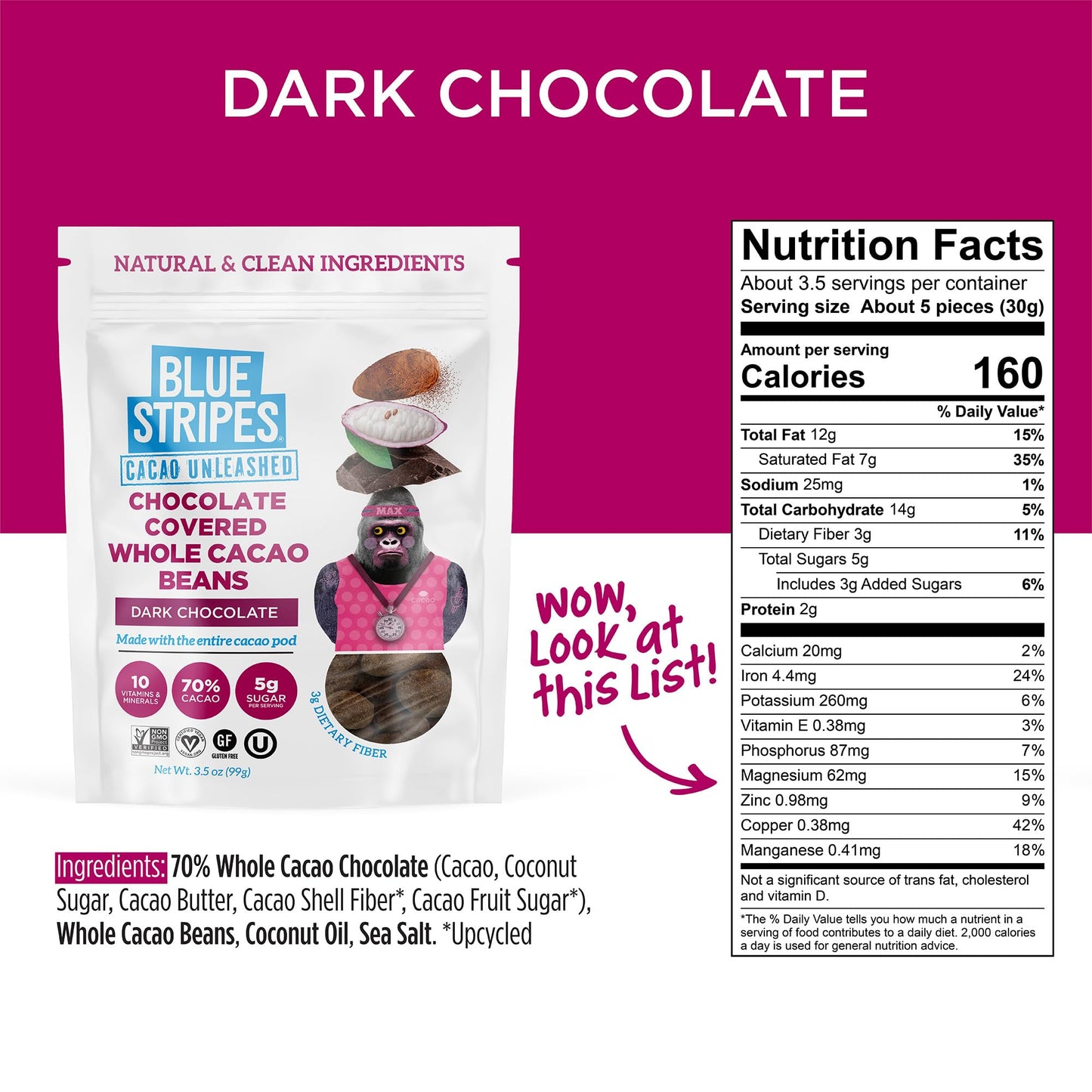Blue Stripes Dark Chocolate Covered Whole Cacao Beans, 4 OZ