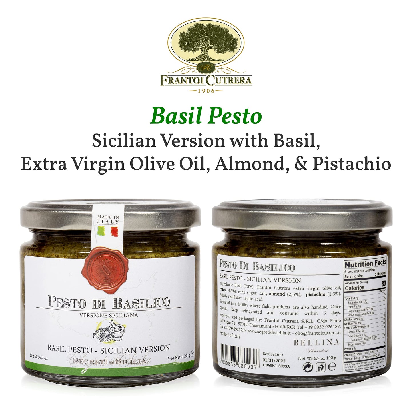 Frantoi Cutrera Classic Basil Pesto Sauce For Pasta And Bruschetta Topping, Creamy Italian Spread With Basil, Pistachio, Almonds, And Evoo, Product Of Sicily, Italy Glass Jar, 6.7 Oz (190G)