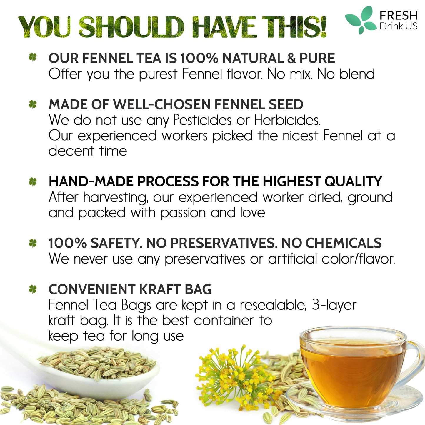 FRESHDRINKUS Fennel Seed Tea Bags – 100% Natural, Vegan, Eco-Friendly, 75 Tea Bags