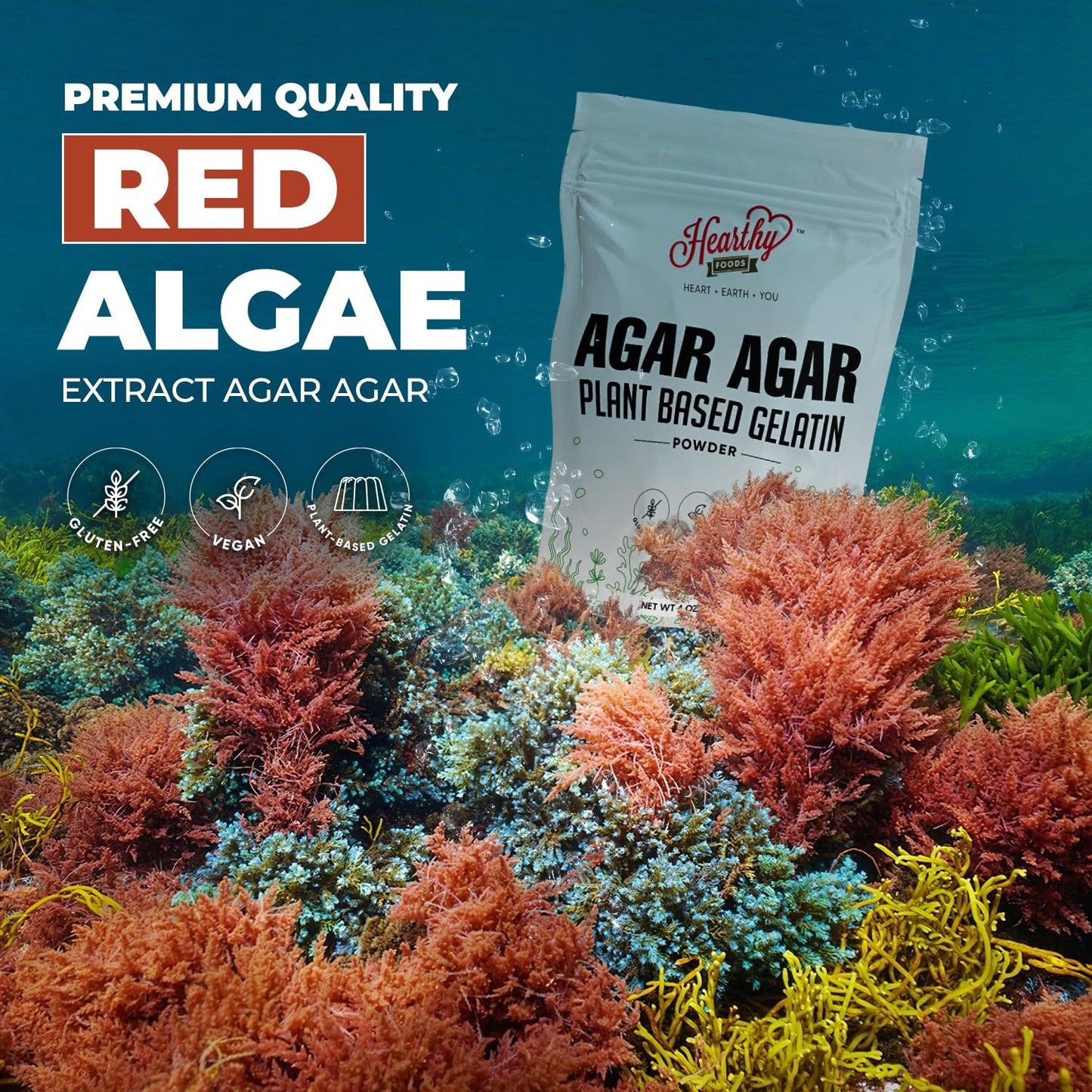 Hearthy Foods Agar Agar Powder (4Oz) Vegan Gelatin Substitute, Certified Halal, Kosher, Gluten-Free, Non-Gmo, 100%, Sugar-Free,