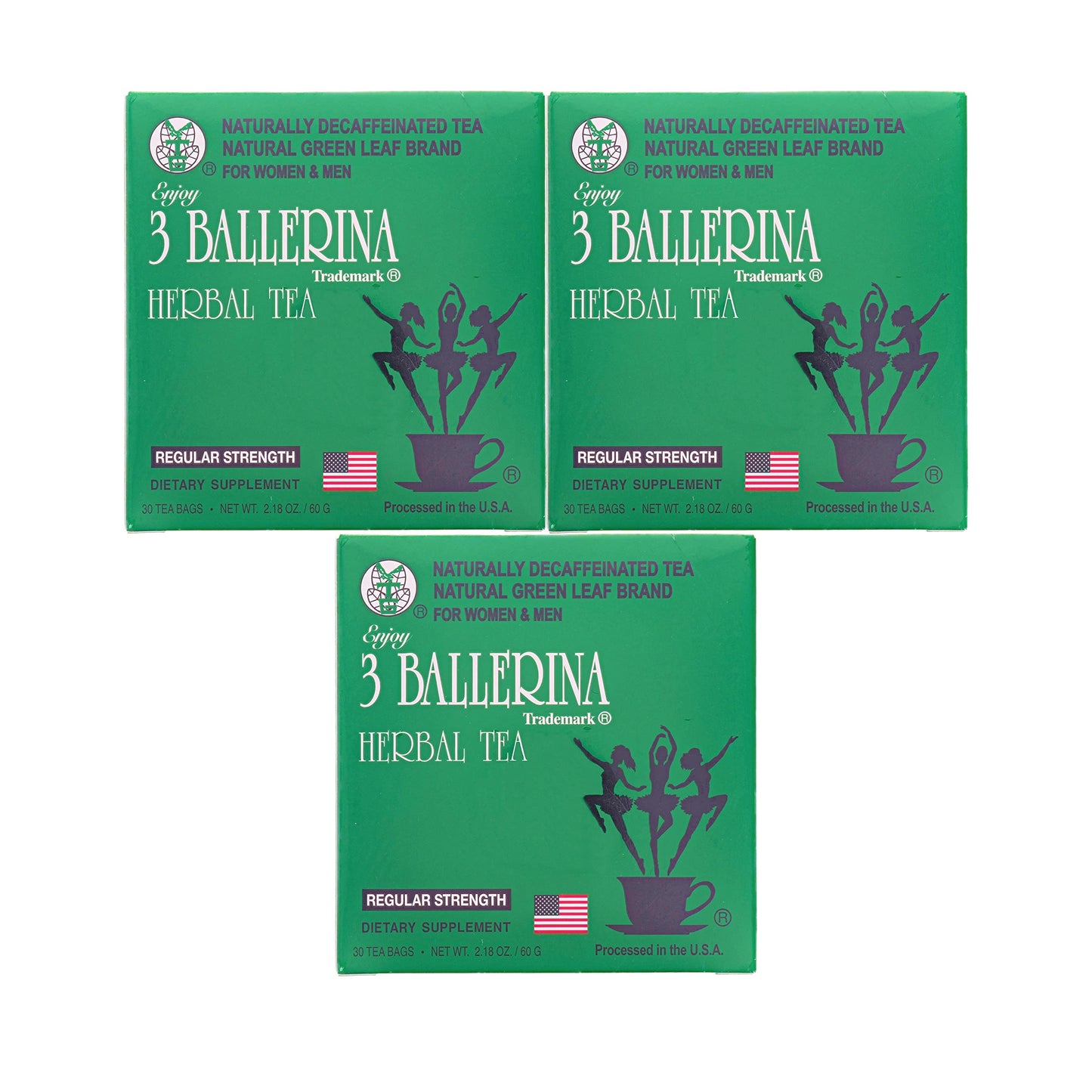 3 Ballerina Natural Green Leaf Diet Tea, Caffeine Free, Regular Strength, 30 Bags, Pack of 3