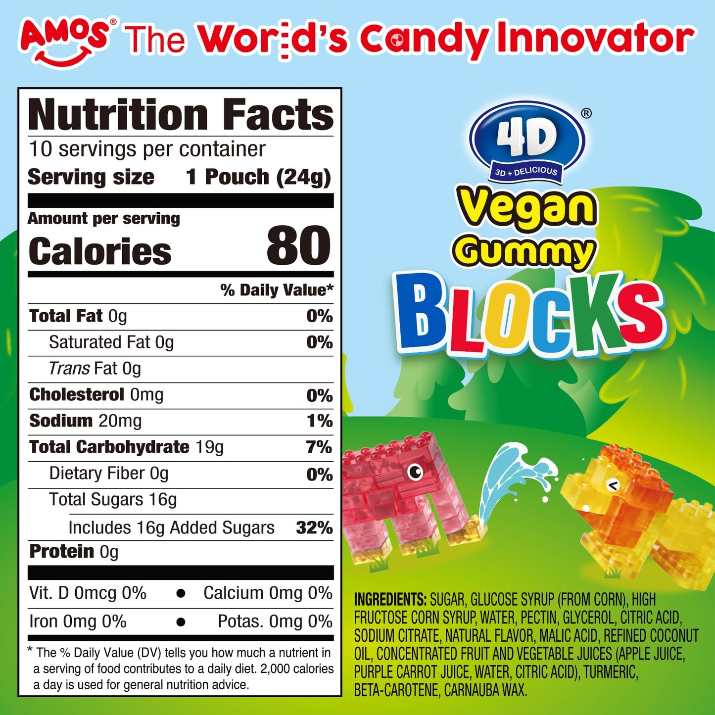 AMOS 4D Vegan Gummy Blocks Candy - Assorted Fruit Flavors  Made with Real Juice  Fun-to-Build Edible Blocks  Fat-Free  (8.47 oz Pack of 1)