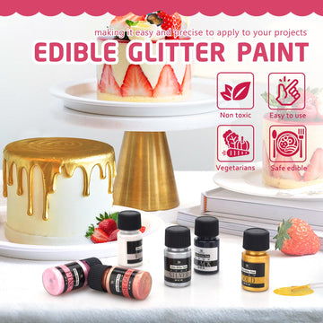Edible Glitter Paint Set - 6 Colors Metallic Edible Cake Paint for Cake Decorating, Baking, Cupcakes, Candy - Food Grade Shimmer