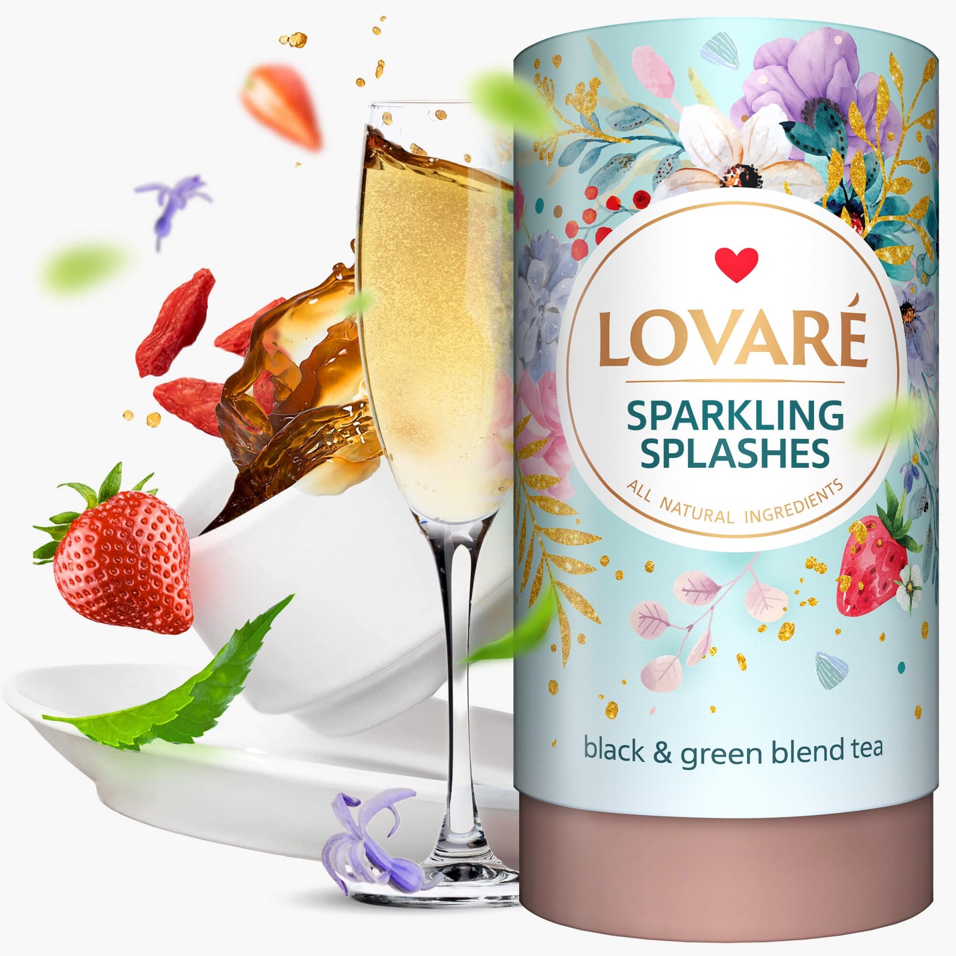 LOVARE Sparkling Splashes Loose Leaf Tea - Black & Green Tea with Strawberry, Goji Berries - 80 g Gift Box with 15 Filters