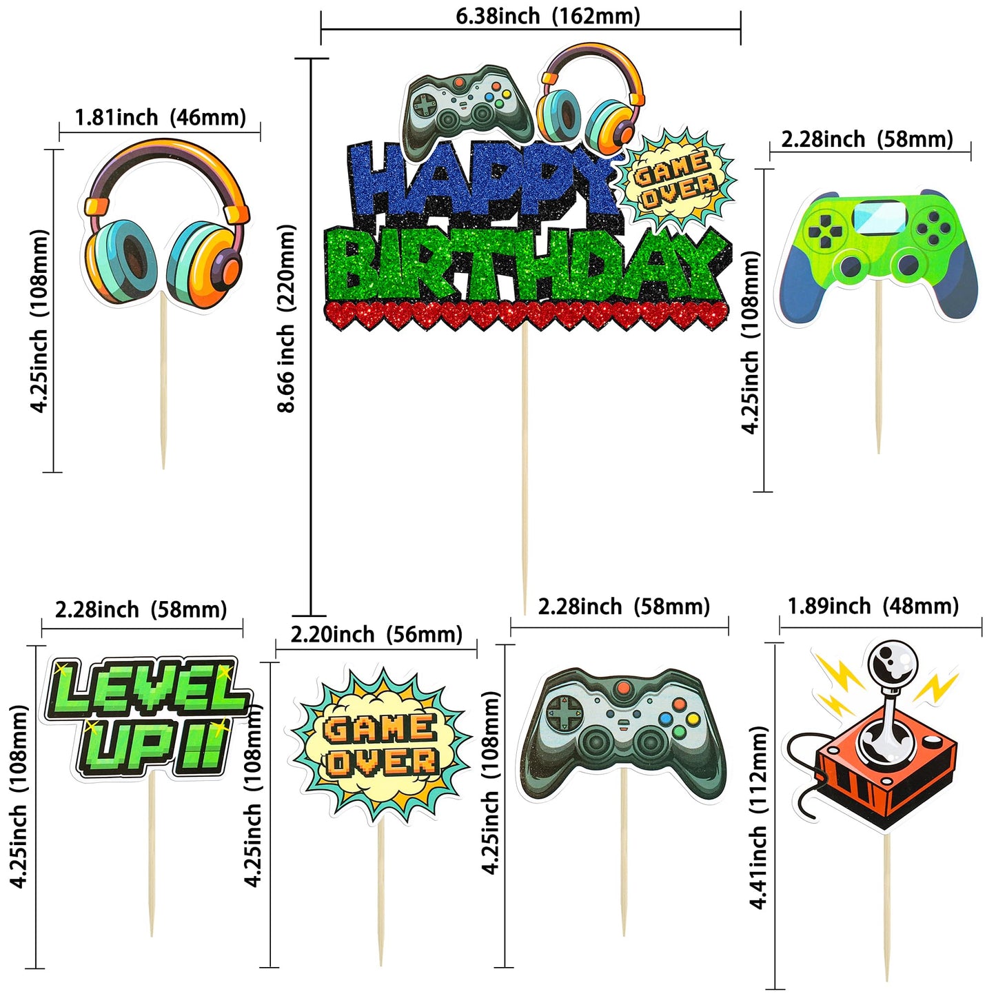Ephlyn 37Pcs Video Game Cupcake Toppers Video Game Happy Birthday Cake Topper Game On Controllers Cupcake Picks Gamepad Cake Dec