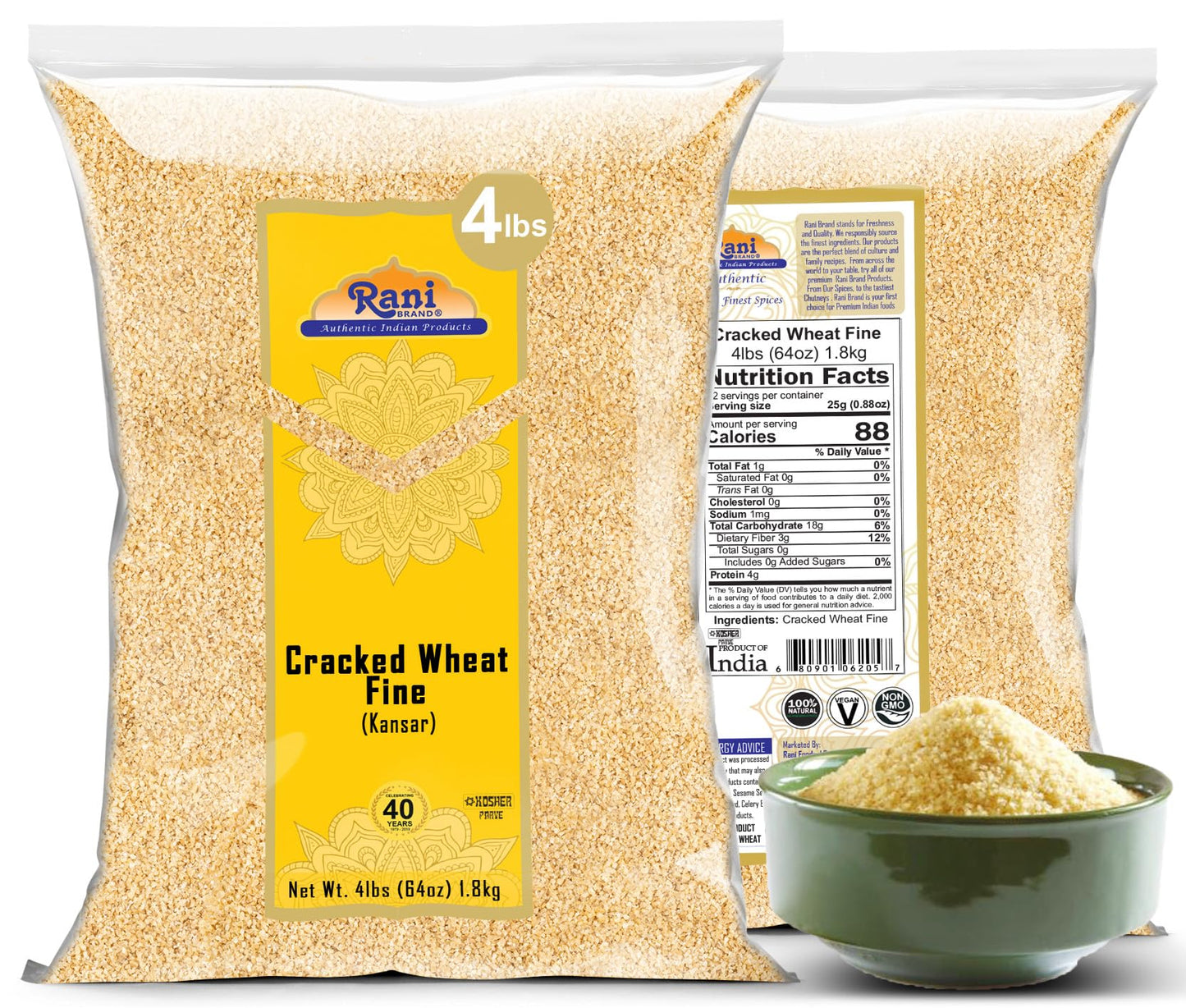 Rani Cracked Wheat Fine (Kansar/Bulgur Wheat#1) 64Oz (4Lbs) 1.81Kg Bulk ~ All Natural | Vegan | Gluten Friendly | Non-Gmo |Kosher | Indian Origin