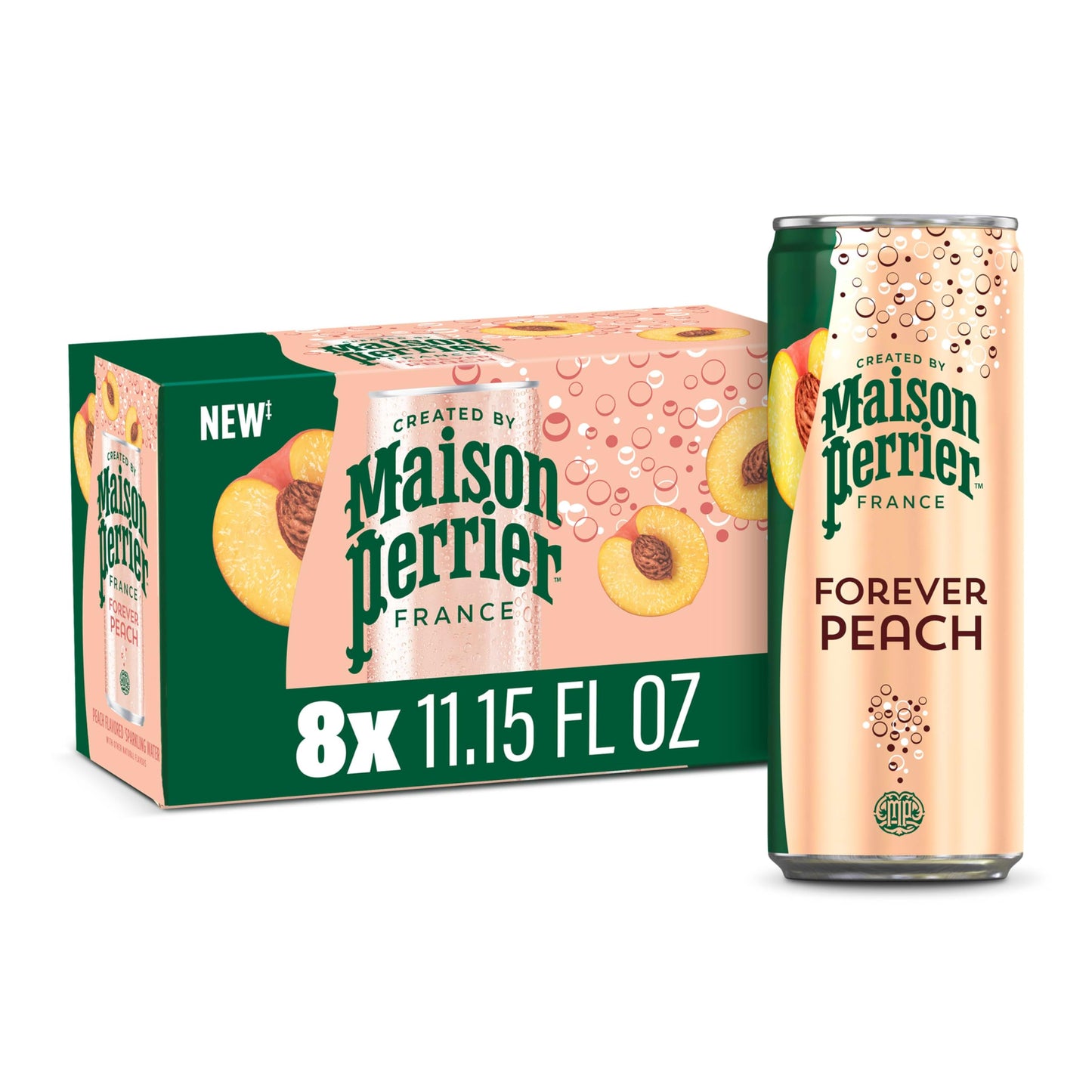 Maison Perrier Sparkling Water, Forever Peach Flavor, 11.15 Fl Oz Cans, Pack of 8, Model 074780194167