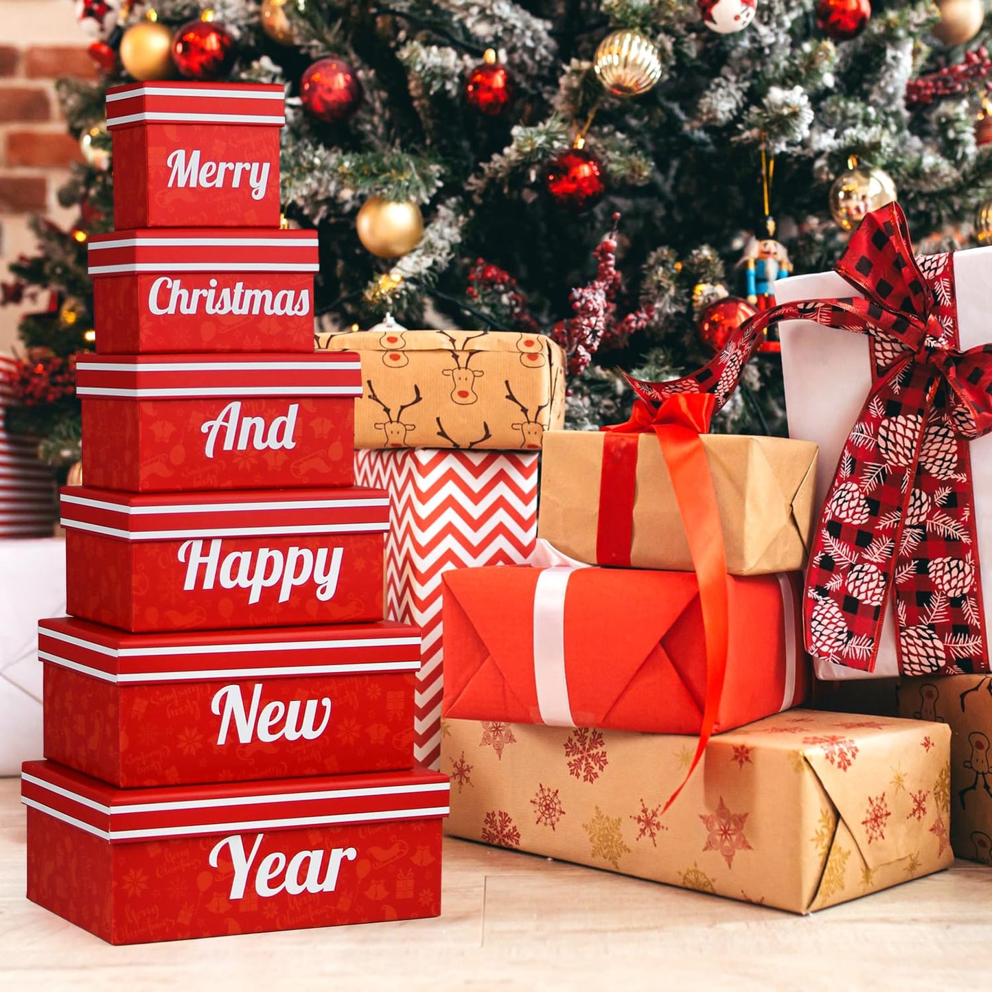 Merry Christmas And Happy New Year 6 Tier Indulgence Gift Basket Tower With Dried Fruits & Nuts - Gourmet Food Present For Men &