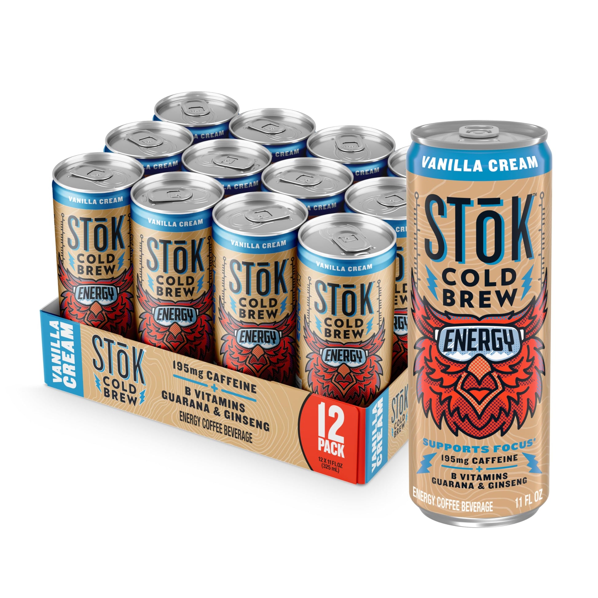 SToK Cold Brew Energy Vanilla Cream  Energy Coffee Beverage with 195mg Caffeine to Help Support Focus  Canned Coffee with B-Vitamins  Guarana and Ginseng 11 fl oz  12pk