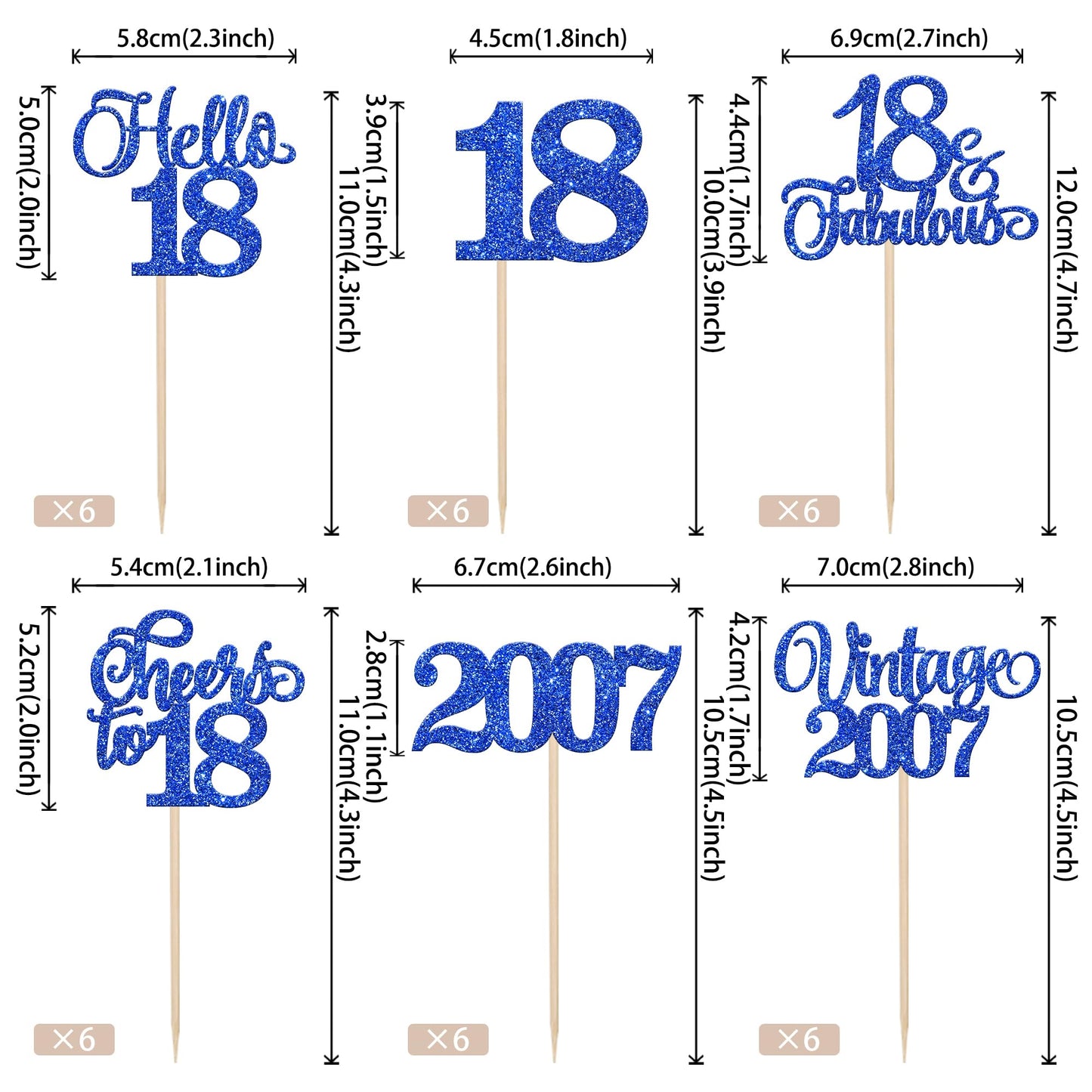 Rssta i 18th Birthday Cupcake Toppers, 24 Pack, Vintage 2007 Design, Blue