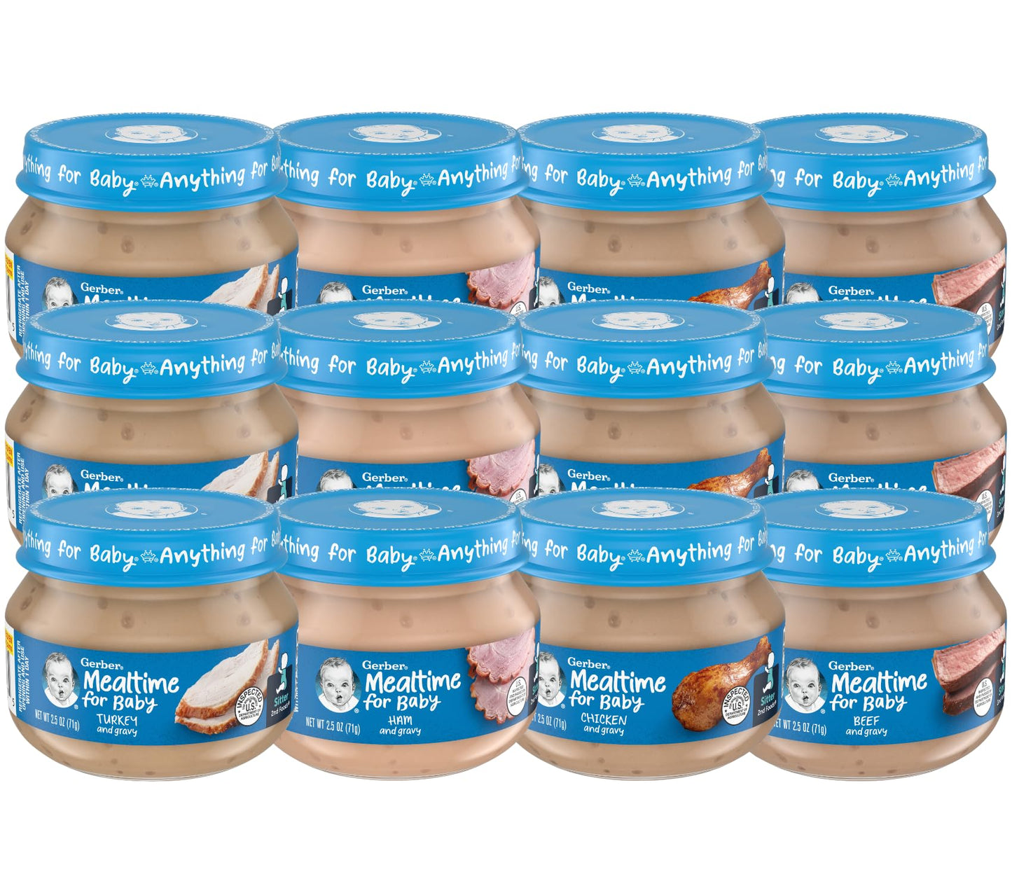 Gerber 2Nd Foods 12 Total 2.5 Ounce Jars Of Each Flavor (3 Turkey & Turkey Gravy, 3 Ham And Ham Gravy, 3 Chicken & Chicken Gravy