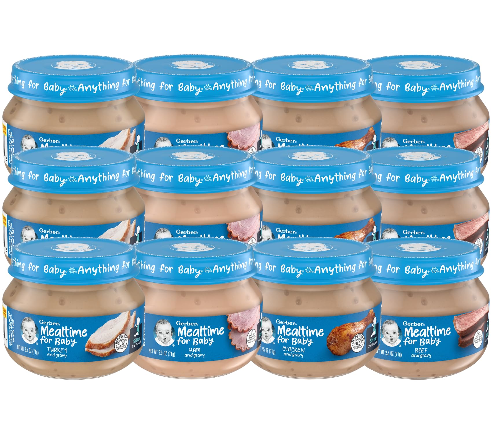 Gerber 2Nd Foods 12 Total 2.5 Ounce Jars Of Each Flavor (3 Turkey & Turkey Gravy, 3 Ham And Ham Gravy, 3 Chicken & Chicken Gravy