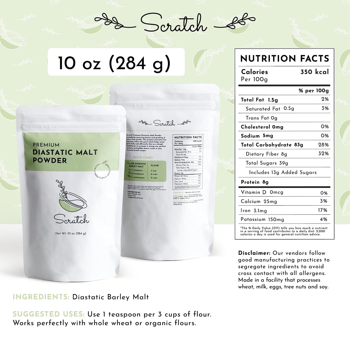 Scratch Diastatic Malt Powder For Baking - (10Oz) Dried Barley Malt For Baking Bread - Bread Improver - Premium Baking Ingredien