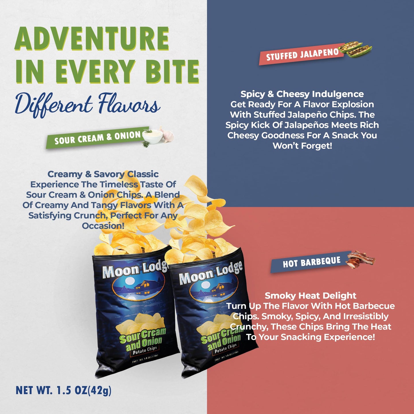 Moon Lodge 21 Pack Sour Cream & Onion Potato Chips - Kosher & Halal Snacks For All Ages, Perfect For Parties & Movie Nights (1.5