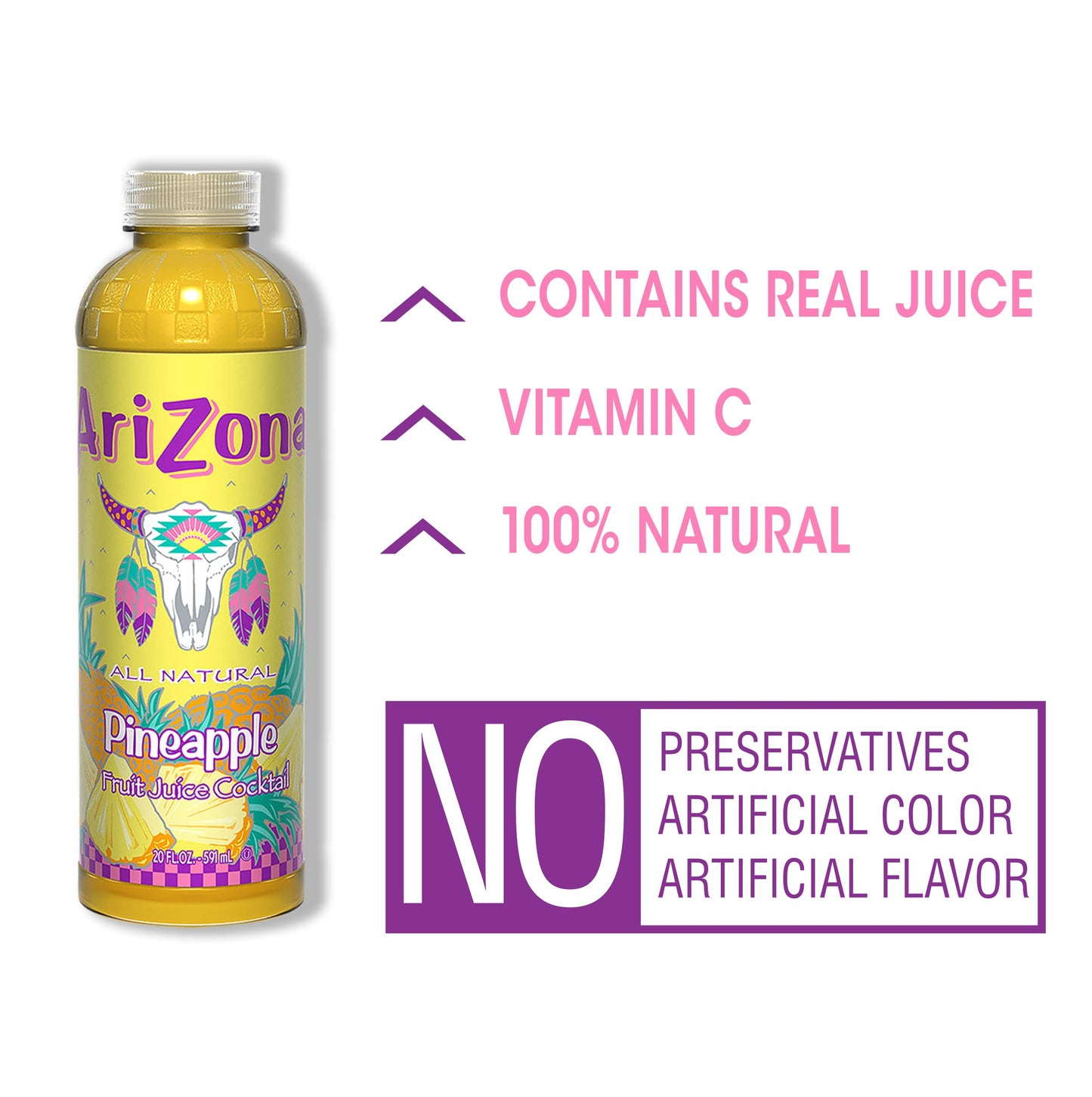 AriZona Pineapple Fruit Juice Cocktail, 20 Fl Oz, Pack of 12