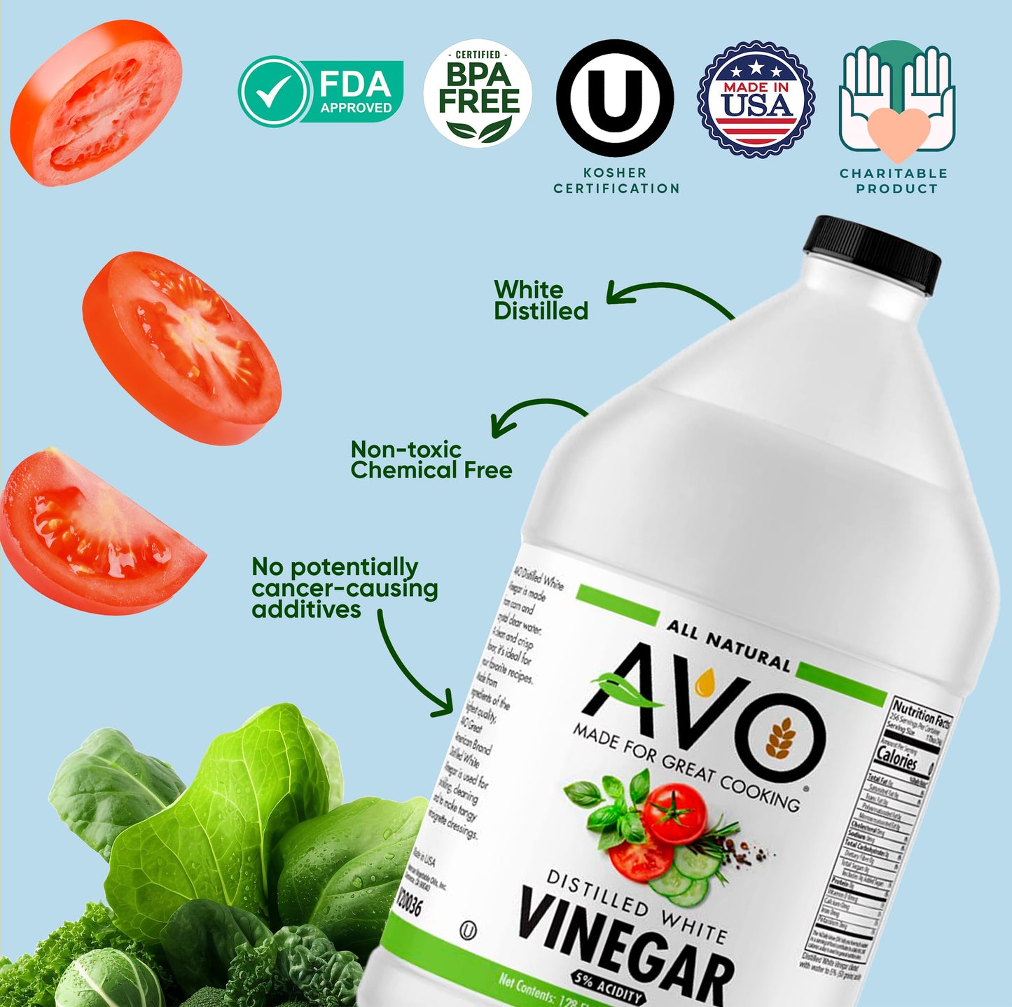 Avo 1 Gallon (128 Oz) Pure Natural Distilled White Vinegar - 5% Acidity