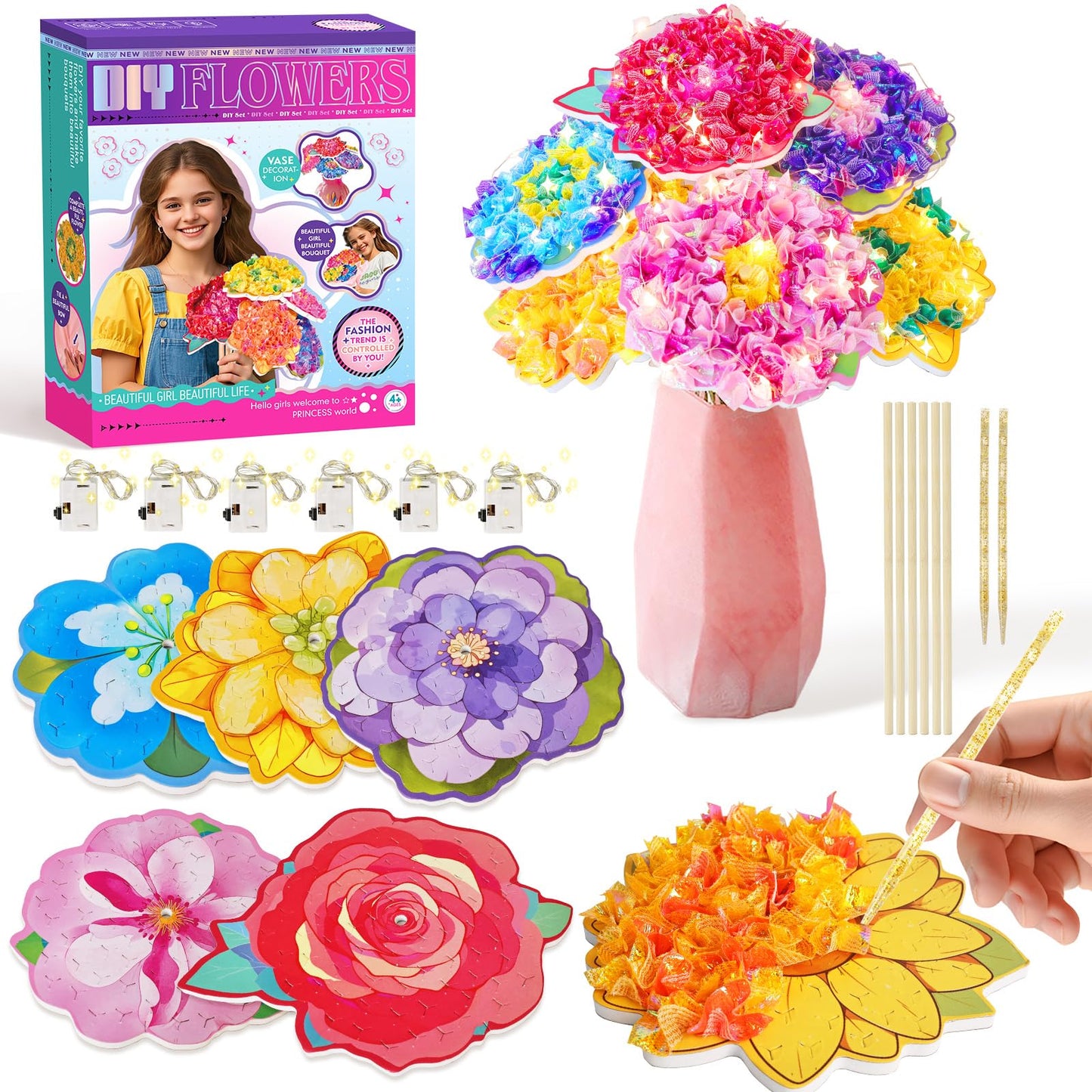 Vinkp Flower Bouquet Art Craft Kit, Arts And Crafts For Kids Ages 4-8, Poke Kit With With 6 Flowers & 6 Light Strings, Mess-Free For Girls & Boys, Craft Gift For Girls Ages 4, 5, 6, 7, 8+