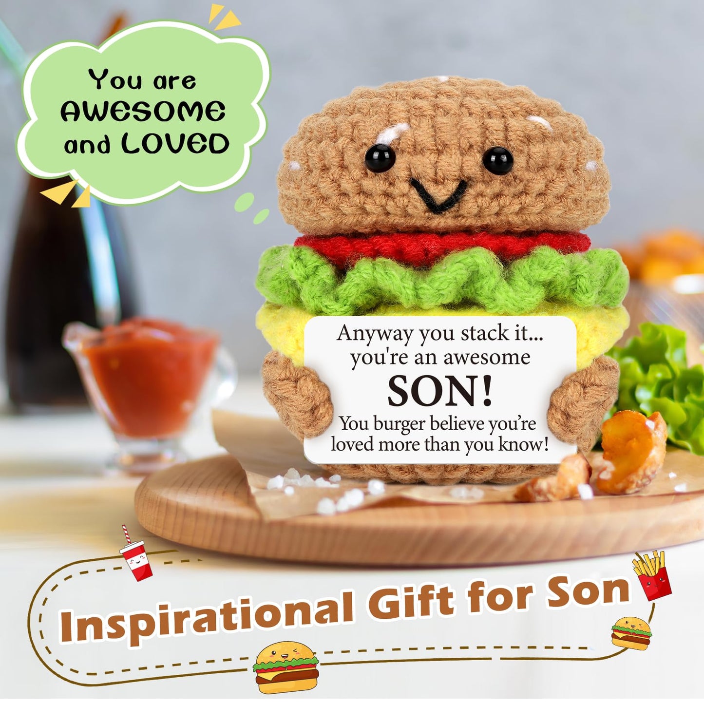 Avboda Mini Birthday Gift For Son From Dad Mom Handmade Crochet Burger For New Dad Son-In-Law Mature-Themed Sons New Father Christmas Basket Idea From Parents To Sons From Mother Father