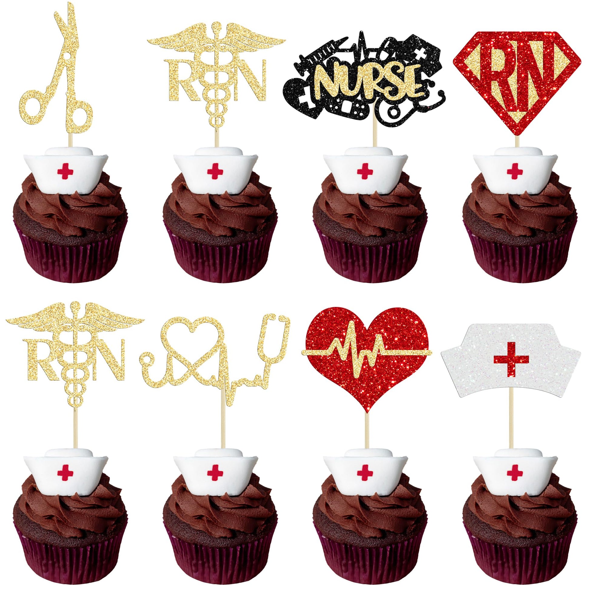 Gyufise 28Pcs Glitter Nursing Cupcake Toppers Nurse Graduation Cupcake Picks Rn Themed Cake Picks With Nurse Cap Heart For Medic