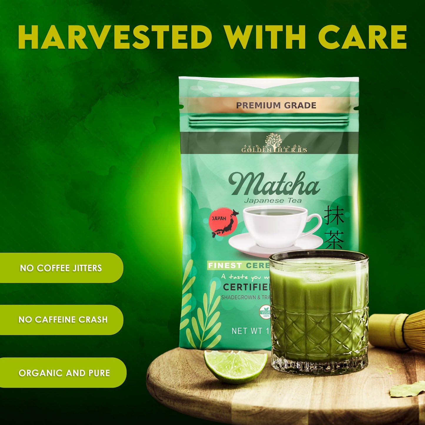 GOLDEN HERBS Matcha Green Tea Powder, USDA Organic, Gluten-Free, 60 Grams, Resealable Pouch