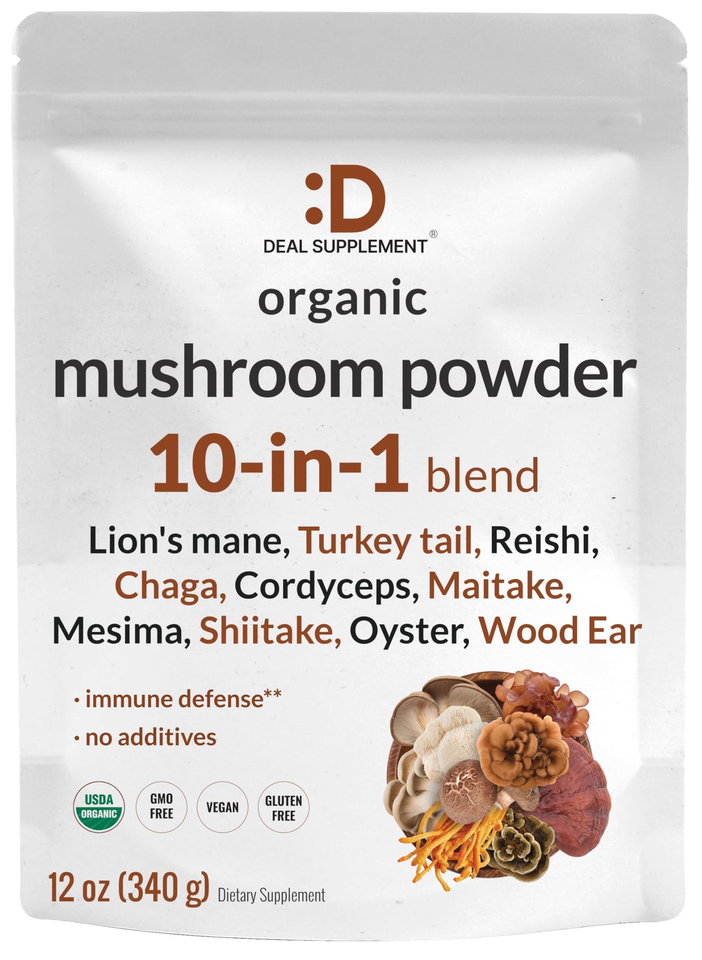 Deal Dietary Support Organic Mushroom Powder Dietary Support  12Oz - 10 In 1 Active Blend - Shiitake  Lions Mane  Cordyceps  Chaga  With More -Supports Immune  Energy  & Brain Health - Non-Gmo  Vegan