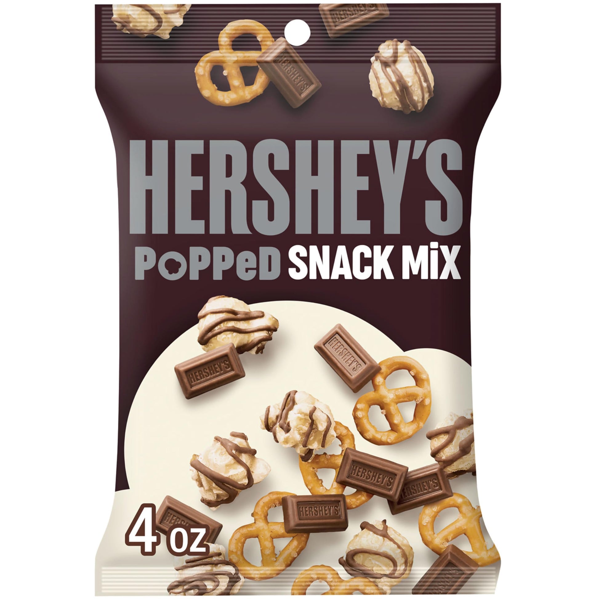 HERSHEYS Milk Chocolate, Popcorn and Pretzel Popped Snack Mix Bag, 4 oz