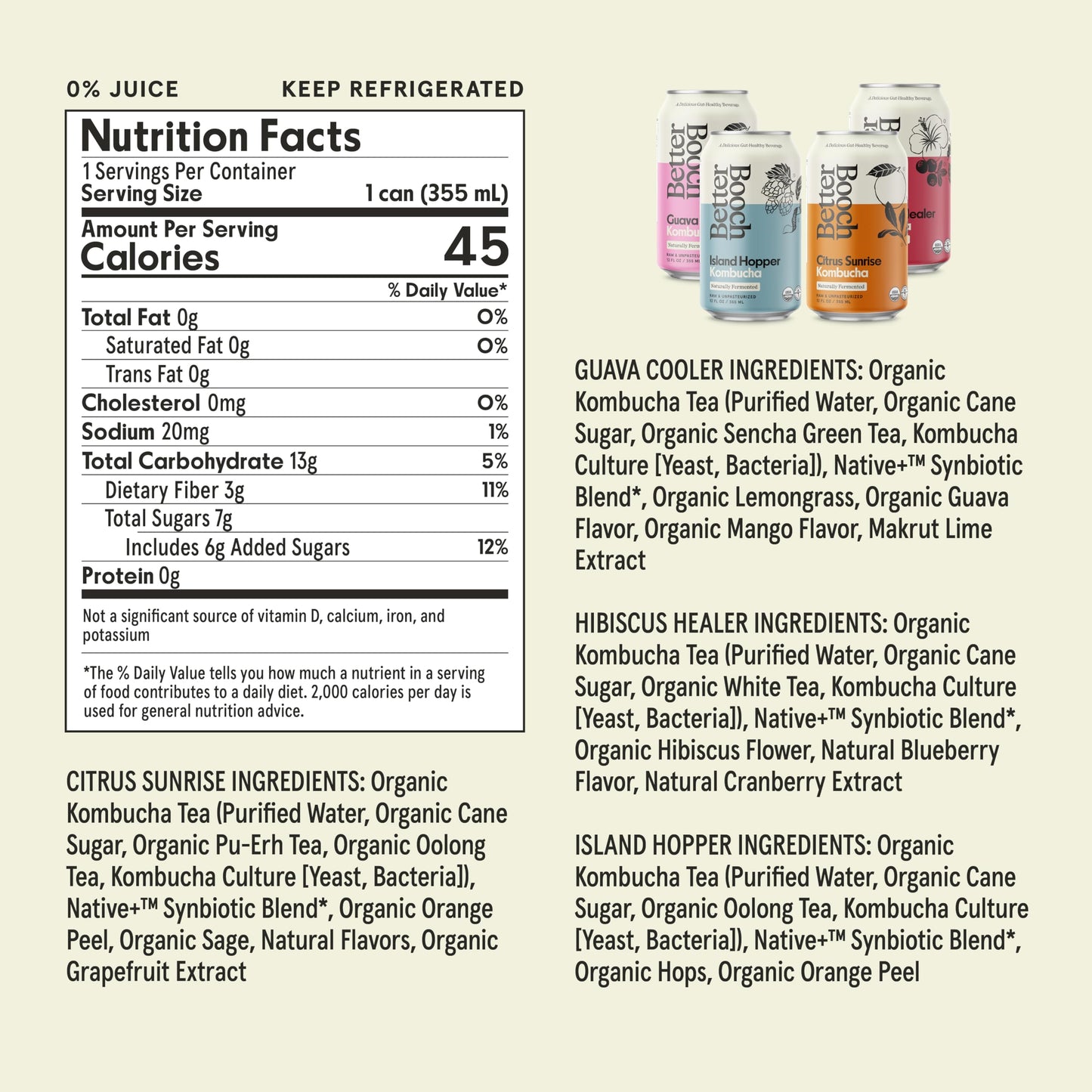 Better Booch Organic Kombucha - Probiotic & Antioxidant Rich Raw Sparkling Tea - Low Sugar, Vegan, Gluten Free - Gut Healthy Active Cultures, 12 Fl Oz Cans, 12-Pack (Tropical Variety Pack)