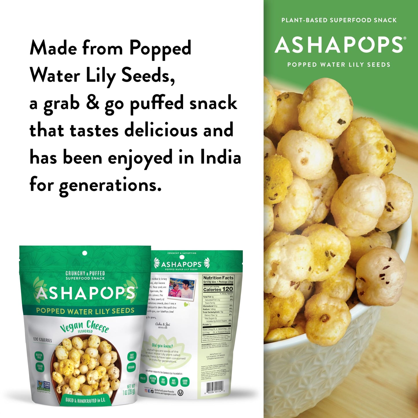 AshaPops Vegan Cheese Flavored Popped Water Lily Seeds, 1 oz (Pack of 6) - Gluten-Free, Vegan, Paleo, Nut-Free, Corn-Free, Soy-F