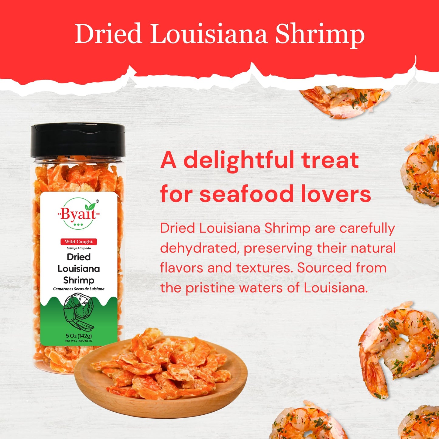 Byait Dried Louisiana Shrimp 5 Oz - Approx. 230 Pieces, Fresh-Caught & Dehydrated For Snacks, Seafood Salad, Pad Thai, Ramen Top
