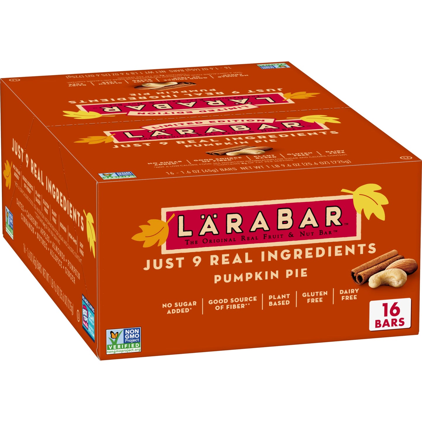 LÄRABAR Pumpkin Pie Fruit & Nut Bars, Gluten Free Vegan, 16 Count, 25.6 oz, Light Brown with Creamy White Hue