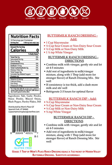 Mom'S Place Gluten-Free Ranch Dressing Mix, Perfect For Salads & Dips, Nut Free, Soy Free, Dairy Free Non-Gmo