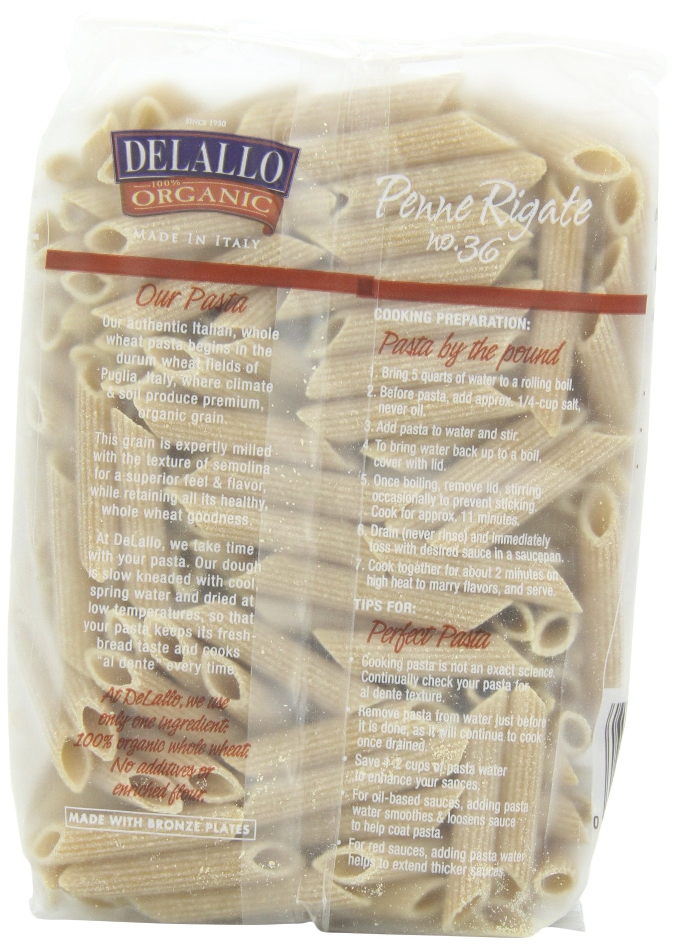 Delallo Pasta Whole Wheat Penne Rigate, 16 Oz