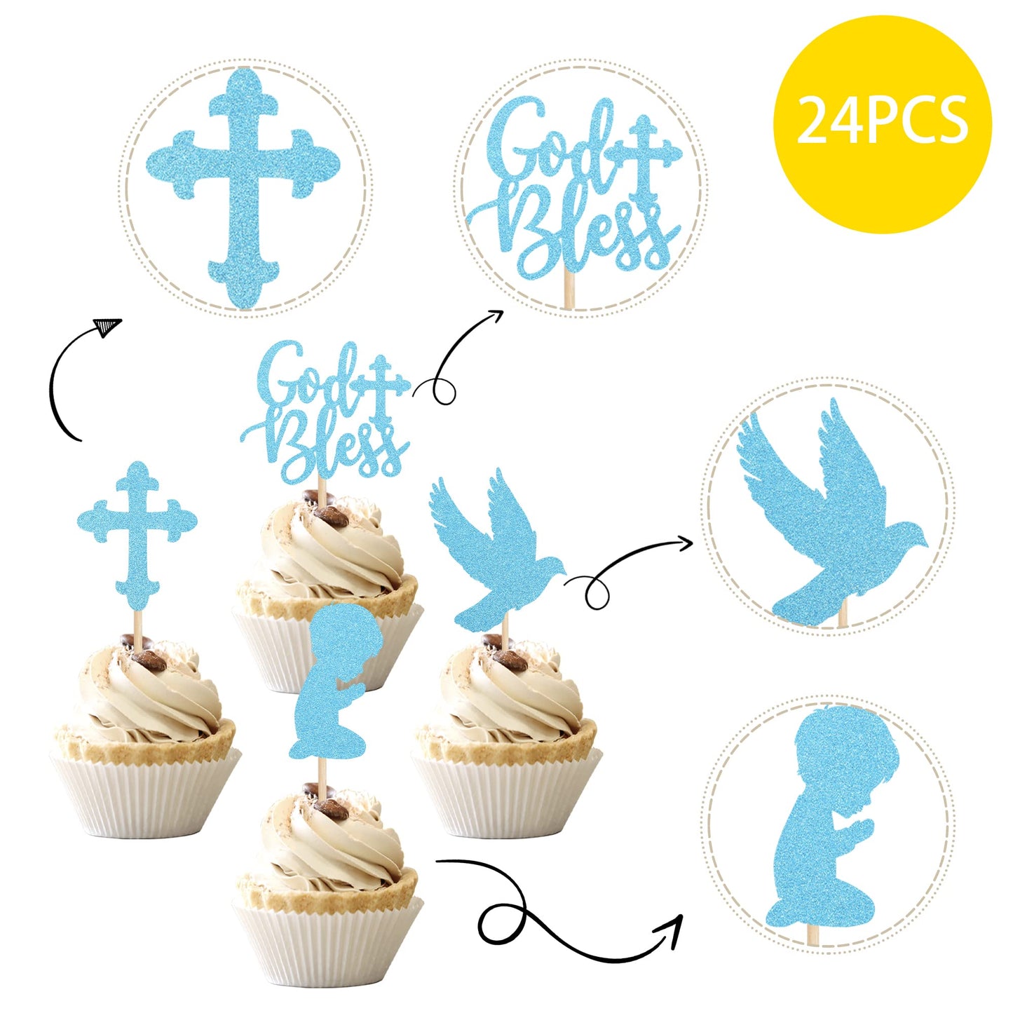ZHUOWEISM Cupcake Toppers 24 PCS Glitter Dove Baptism Theme Small Design 3 Blue