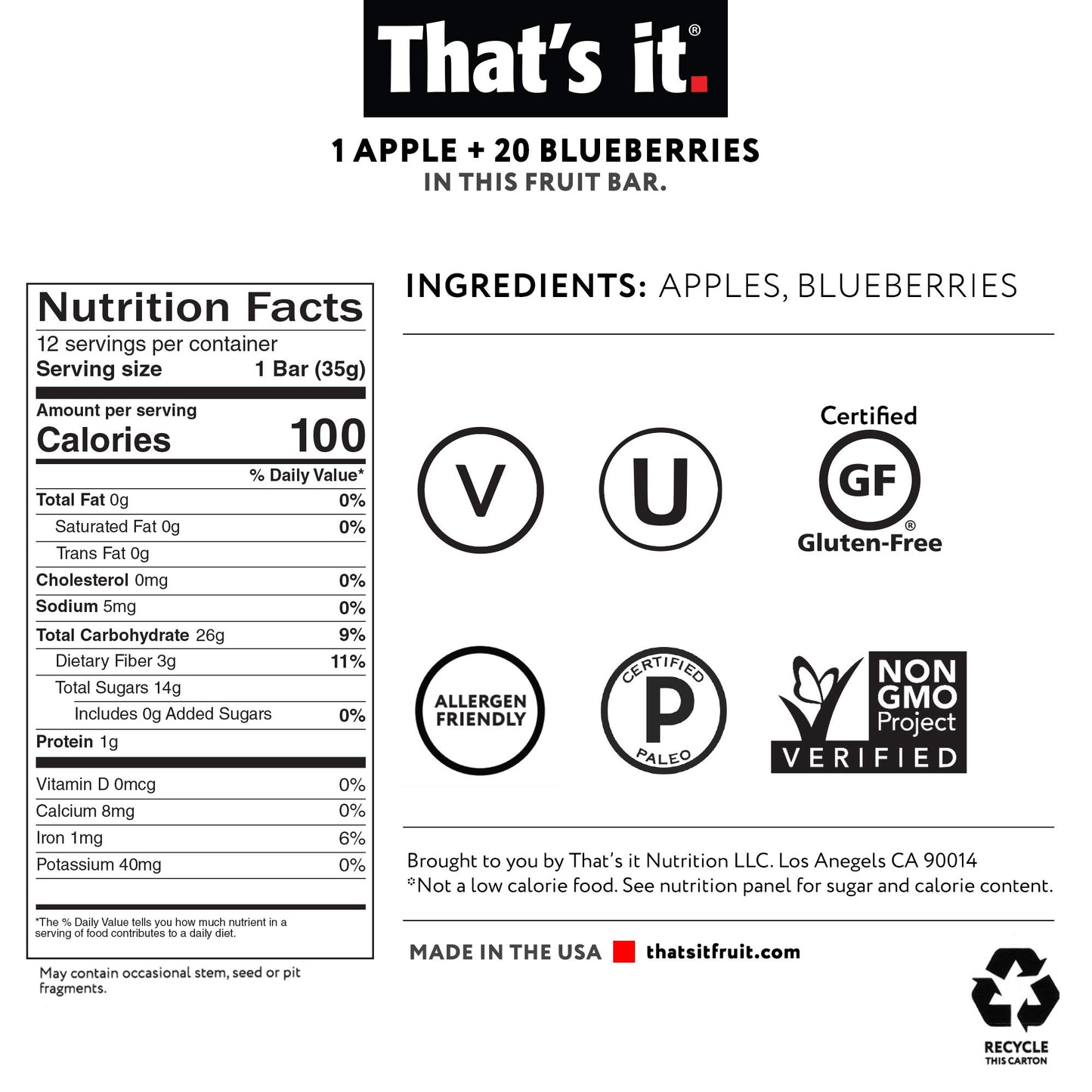 Thats it Apple 100% Natural Real Fruit Bar, Best High Fiber Vegan, Gluten Free Healthy Snack, Paleo for Children & Adults, Non
