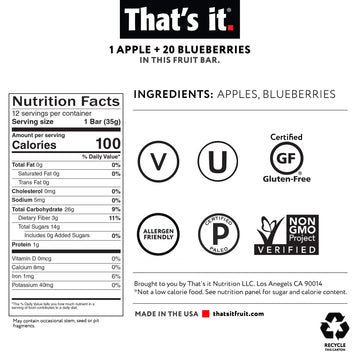 Thats it Apple 100% Natural Real Fruit Bar, Best High Fiber Vegan, Gluten Free Healthy Snack, Paleo for Children & Adults, Non