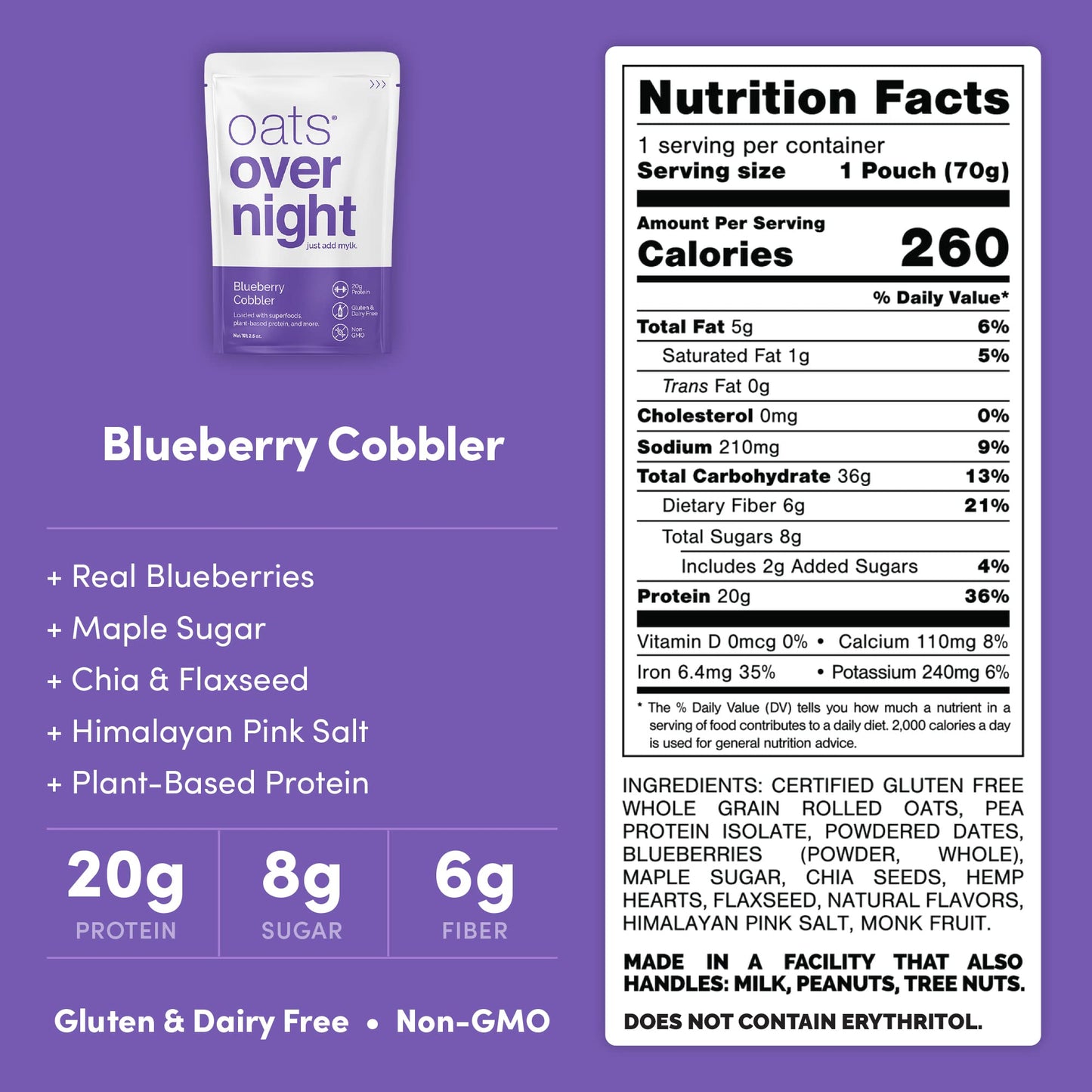 Oats Overnight Blueberry Cobbler Breakfast Shake, Vegan, 20g Protein, Gluten Free, 2.5 oz (Pack of 16)