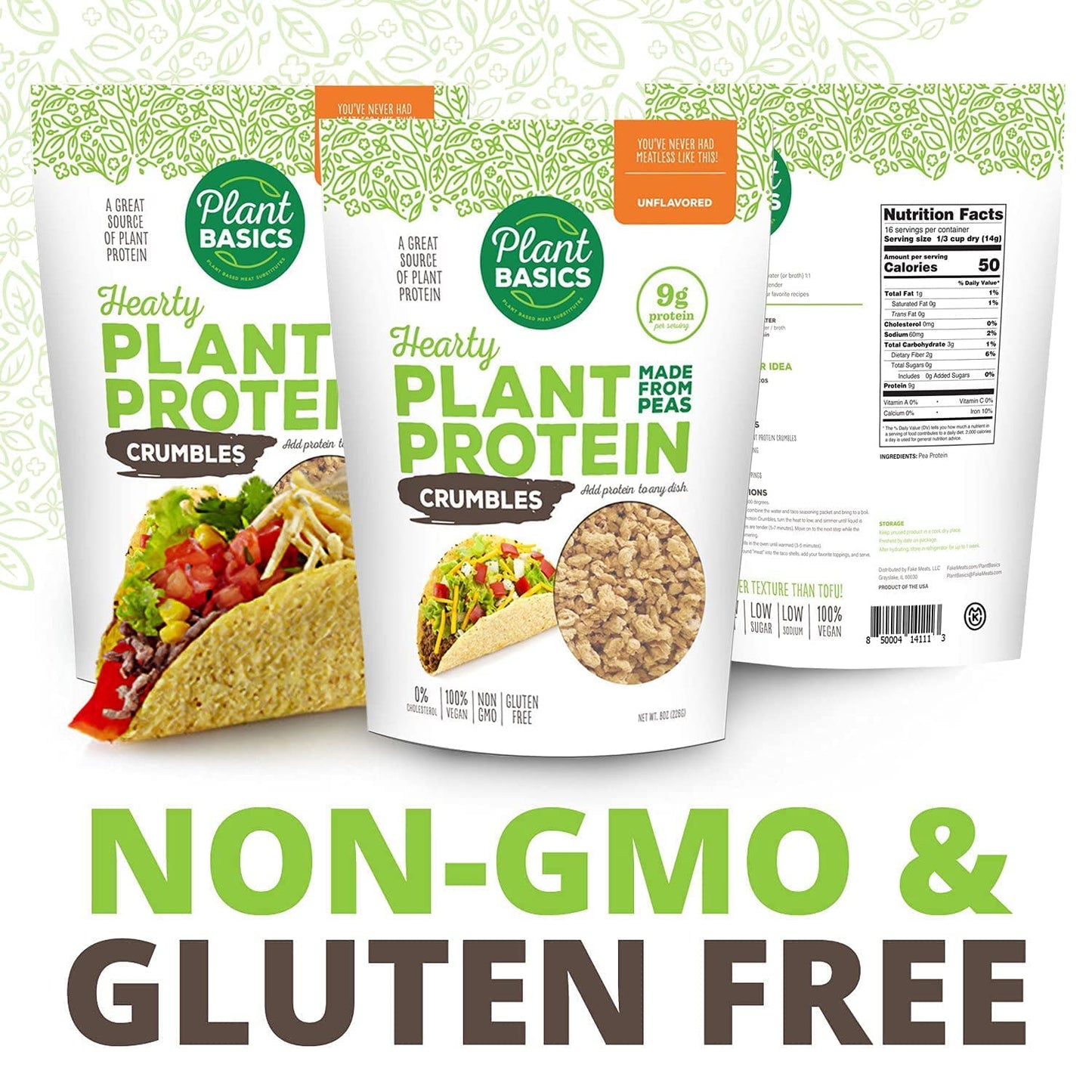 Plant Basics - Hearty Plant Protein - Unflavored Crumbles, 8 Oz (Pack Of 3), Made From Peas, Non-Gmo, Gluten Free, Low Fat, Low