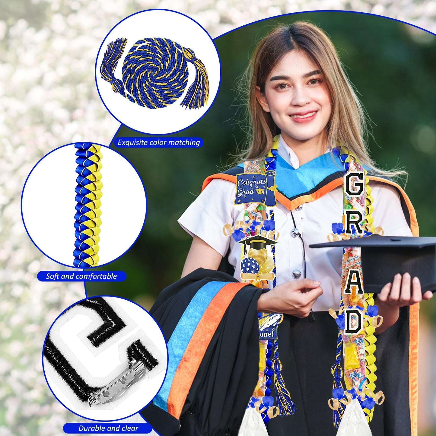 TKNOUS Graduation Ribbon Leis Kit, 10 Pcs Blue & Gold Candy Necklace with Honor Cord, Class of 2025, Lei-G Model