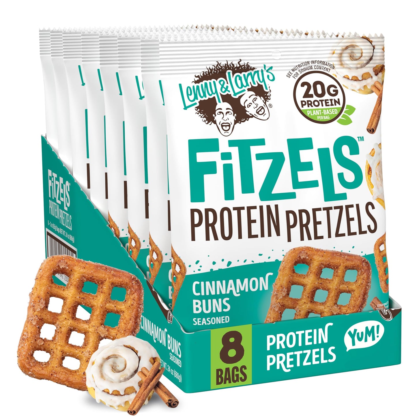 Lenny & Larrys FITZELS Protein Pretzels, Cinnamon Buns, 3 oz Each, 8 Individual Bags, 20g Plant Based Protein, Vegan Snacks