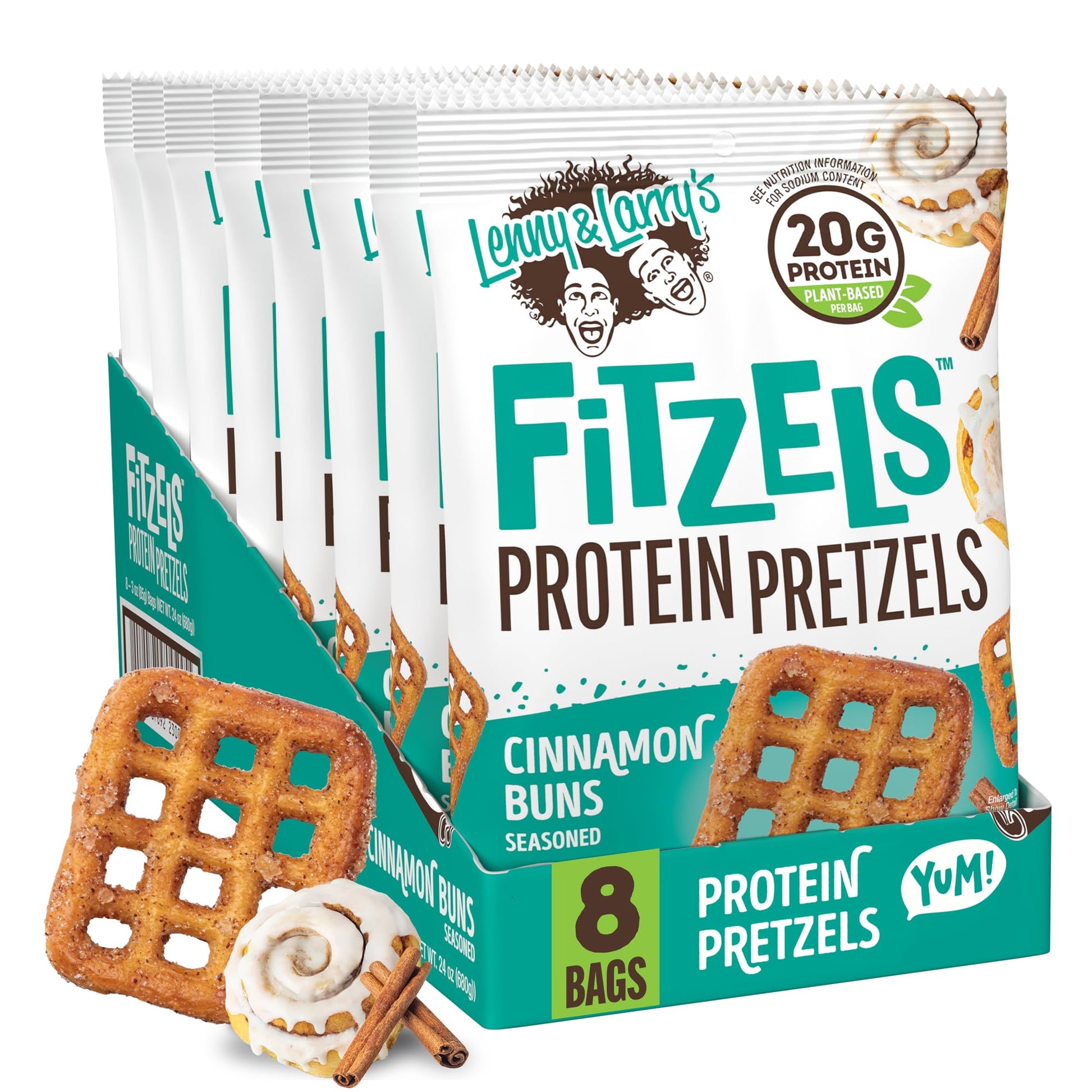 Lenny & Larrys FITZELS Protein Pretzels, Cinnamon Buns, 3 oz Each, 8 Individual Bags, 20g Plant Based Protein, Vegan Snacks