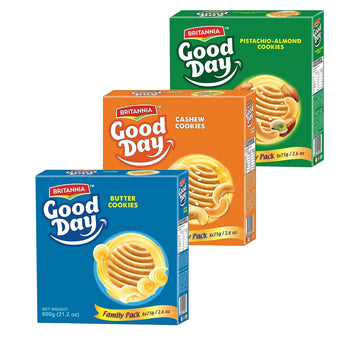 Britannia Good Day Pistachio/Almond, Cashew & Butter 21.2oz (600g) Combo Pack - Breakfast & Tea Time Snacks (Pack of 1 Each)