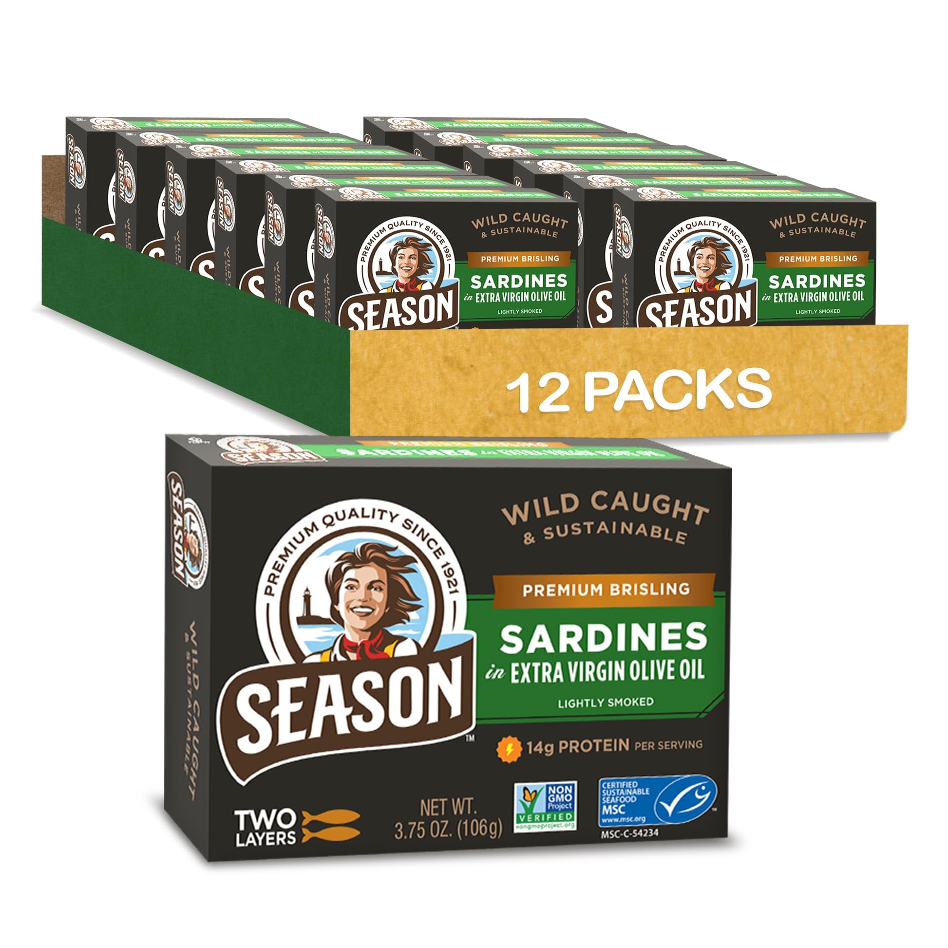 Season Brisling Sardines In Extra Virgin Olive Oil - Wild Caught, 14G Of Protein, Keto Snacks, More Omega 3S Than Tuna, Kosher, High In Calcium, Canned Sardines, Two Layers - 3.37 Oz Tins, 12-Pack